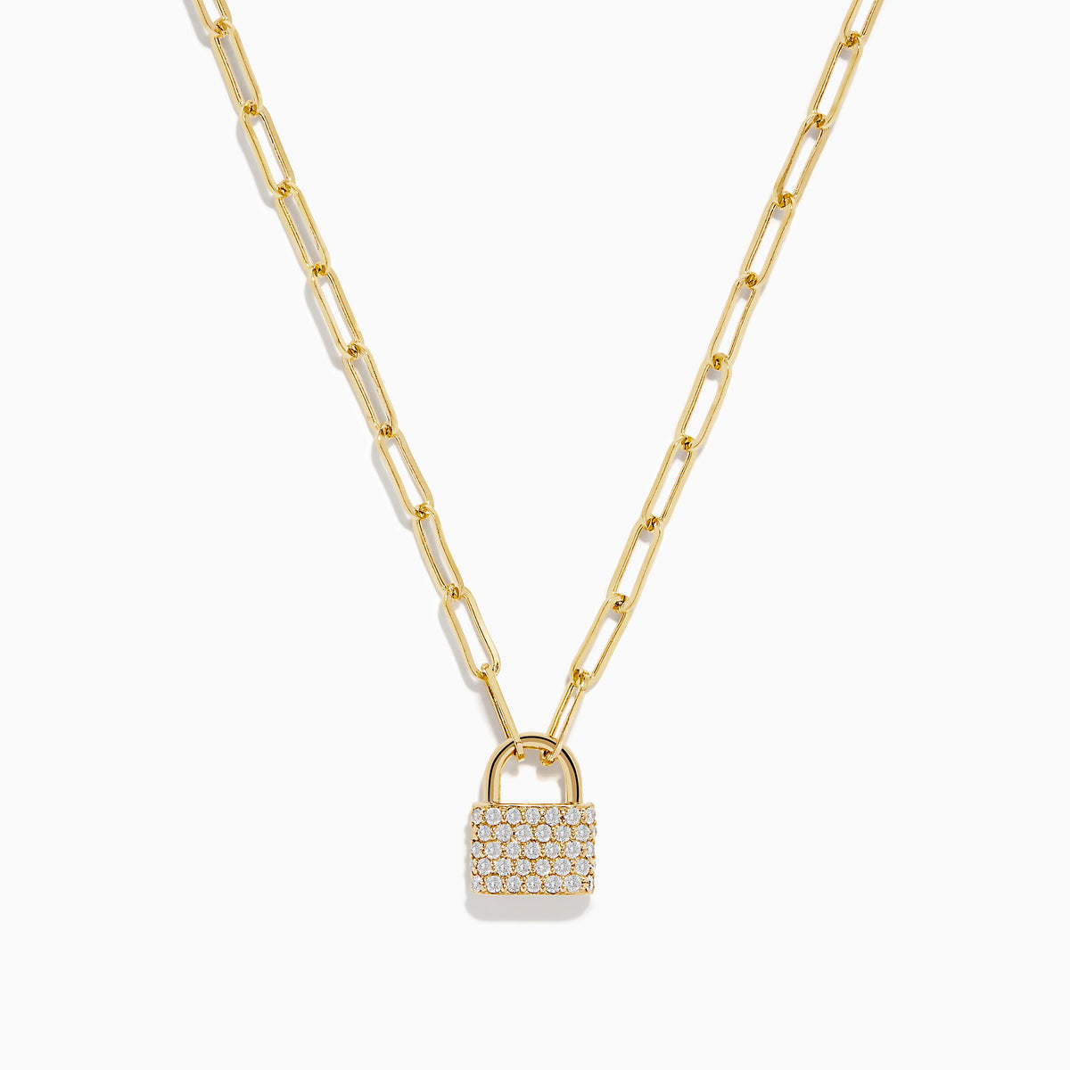 The DOro 14K Yellow Gold Diamond Lock Pendant (0.26 TCW) features a small diamond-encrusted padlock on an elongated link chain, beautifully showcased against a white background.