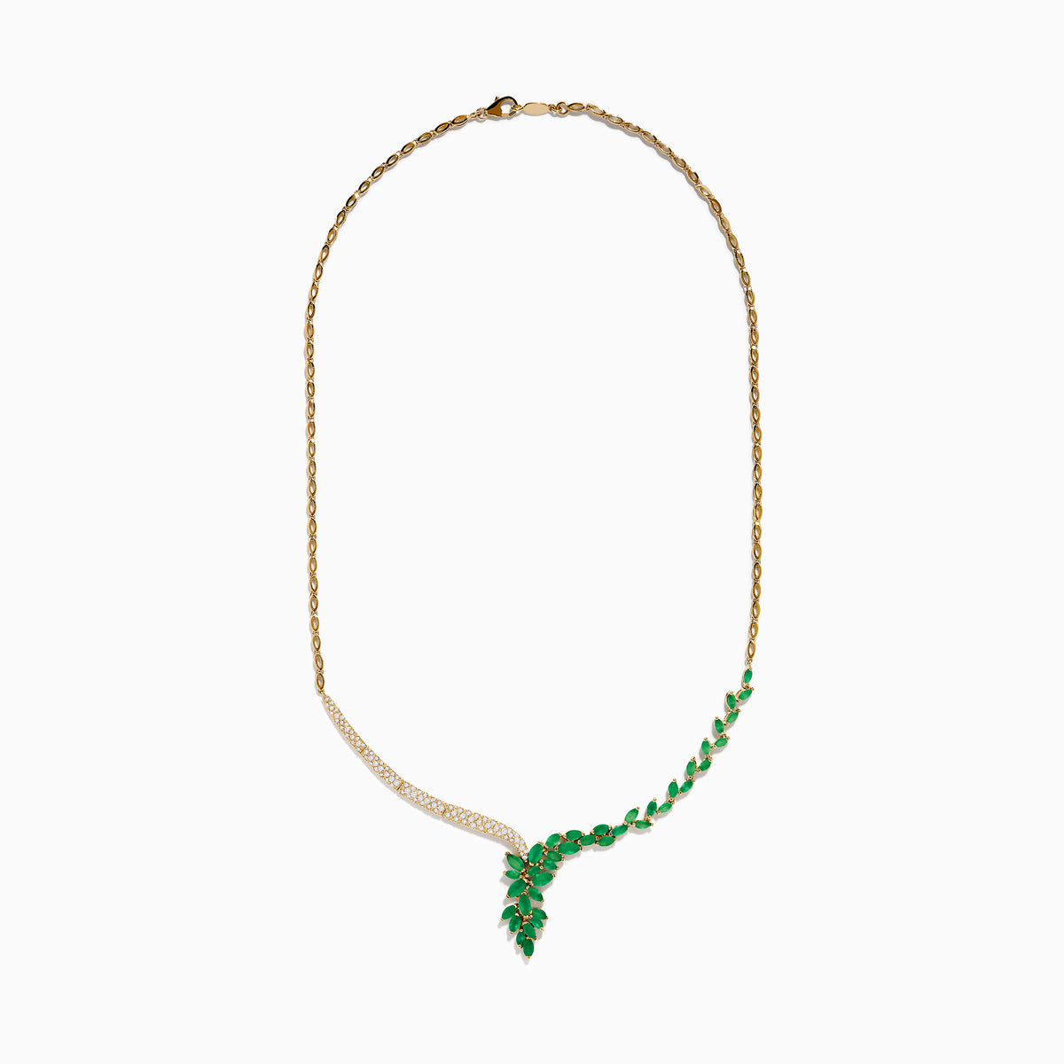 The Brasilica 14K Yellow Gold Emerald and Diamond Statement Necklace features an elegant leaf-shaped emerald on one side and sparkling diamonds on the other, meeting in a radiant V-shape at the center.