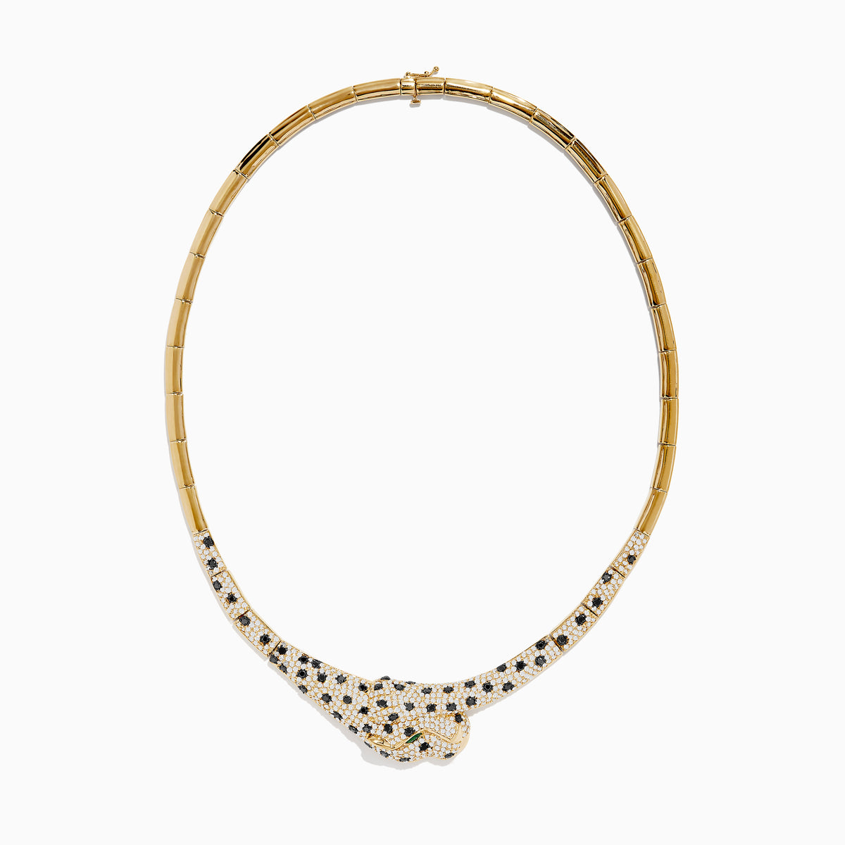 The Signature 14K Yellow Gold Emerald, Black and White Diamond Necklace features a panther-inspired design with a gold body encrusted in black and white diamonds for a stunning spotted pattern, accented by vivid emerald eyes.