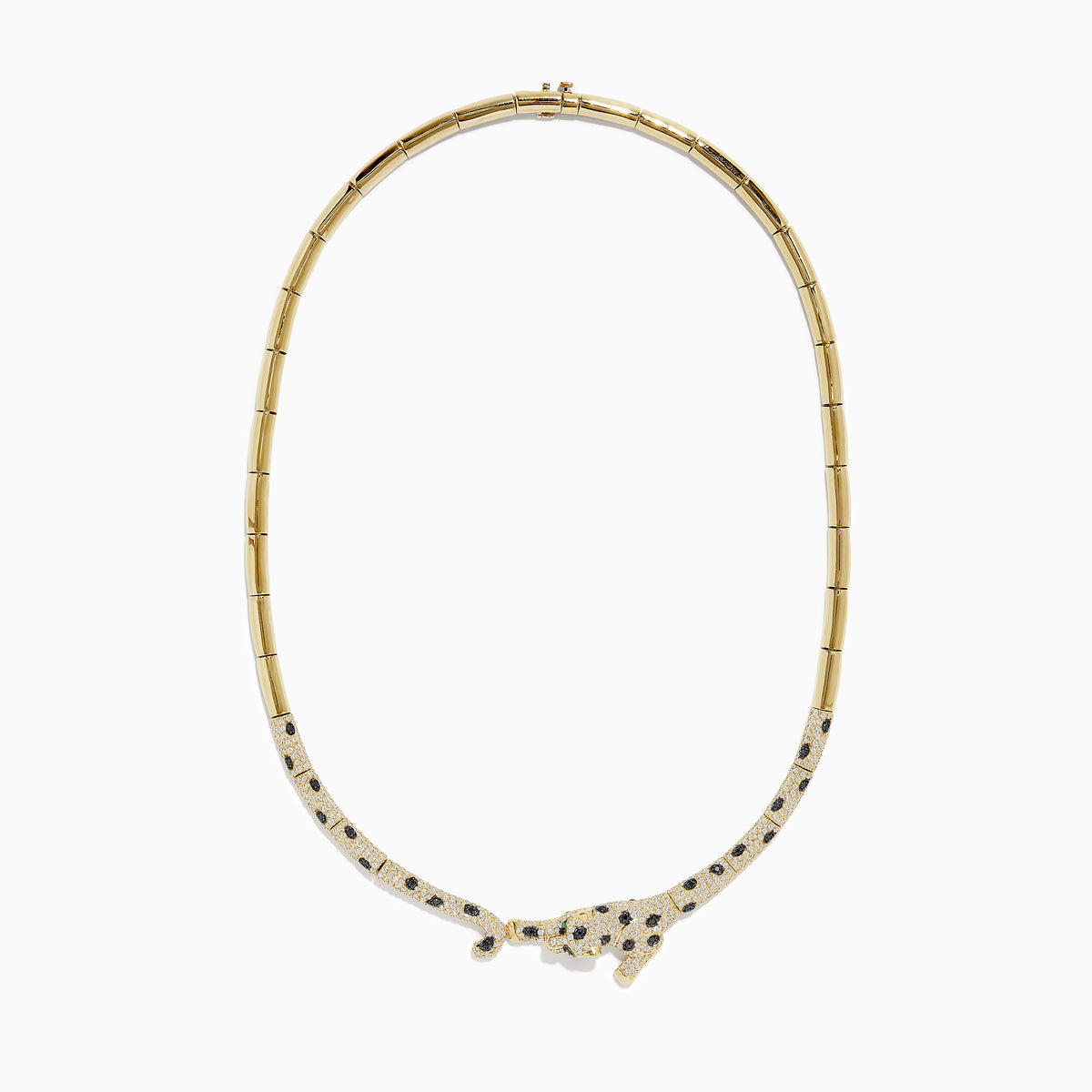 The Signature 14K Yellow Gold Diamond and Emerald Panther Necklace features a panther centerpiece adorned with black and white gemstones, sparkling diamonds, and vivid emeralds on its outstretched body.