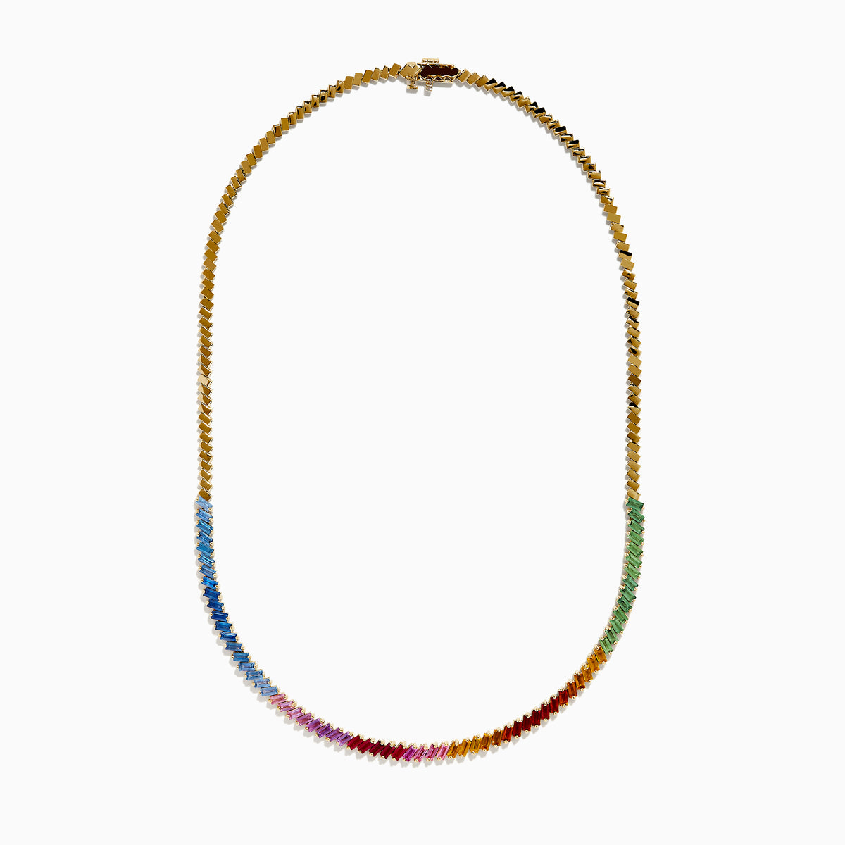 The Watercolors 14K Yellow Gold Multi Color Sapphire Tennis Necklace showcases a rainbow gradient of rectangular sapphires—blue, green, yellow, orange, and pink—set in yellow gold against a white background.