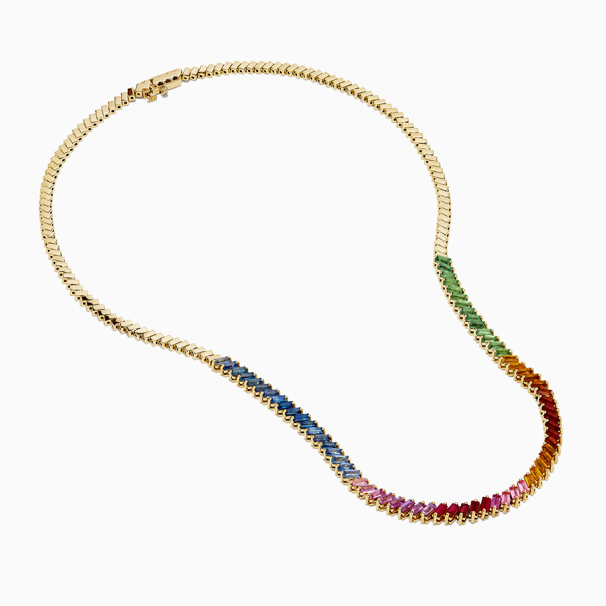 The Watercolors 14K Yellow Gold Multi Color Sapphire Tennis Necklace showcases a rainbow gradient of rectangular sapphires—blue, green, yellow, orange, and pink—set in yellow gold against a white background.