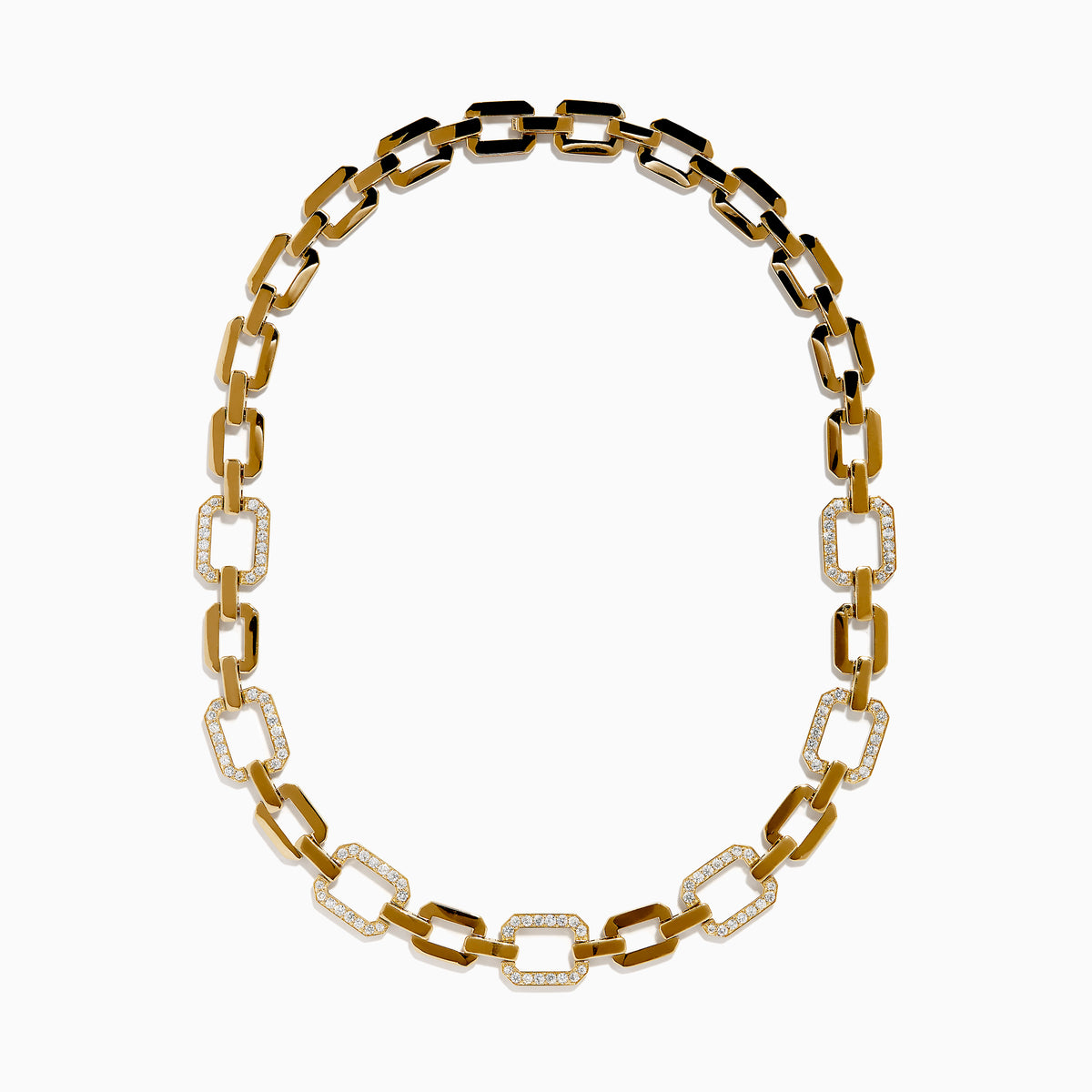 The D'Oro 14K Yellow Gold Diamond Necklace features rectangular links, some adorned with sparkling diamonds, displayed on a white background.
