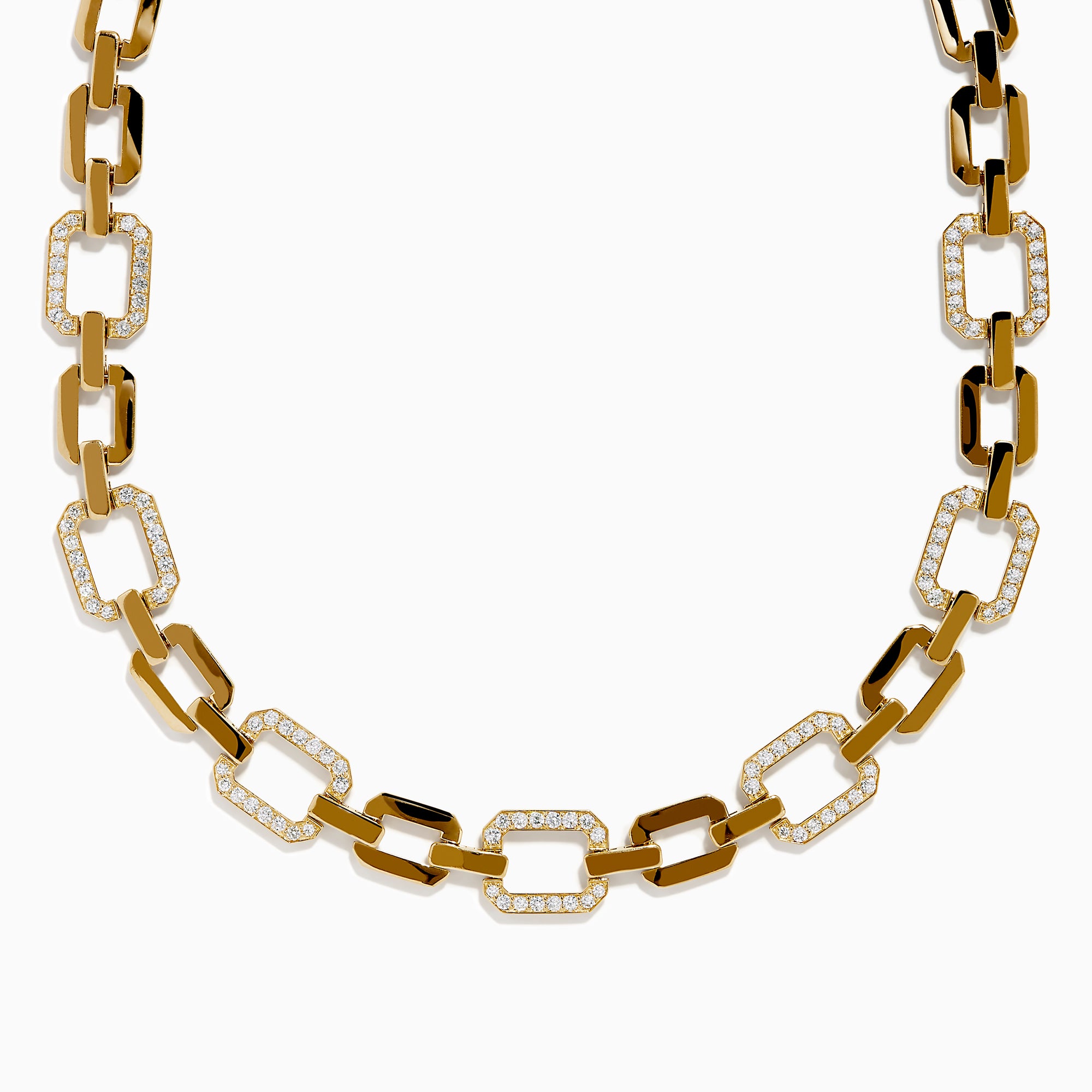 The D'Oro 14K Yellow Gold Diamond Necklace features rectangular links, some adorned with sparkling diamonds, displayed on a white background.