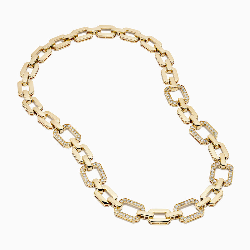 The D'Oro 14K Yellow Gold Diamond Necklace features rectangular links, some adorned with sparkling diamonds, displayed on a white background.