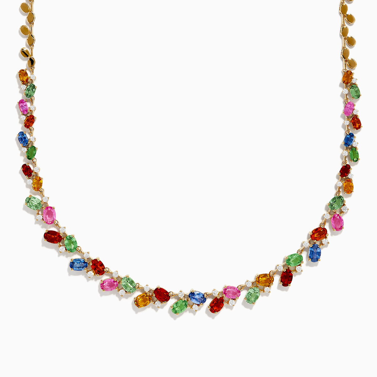 The Watercolors 14K Yellow Gold Multi Sapphire and Diamond Necklace features sapphires in pink, green, orange, blue, and red arranged in a delicate, symmetrical design along the chain.