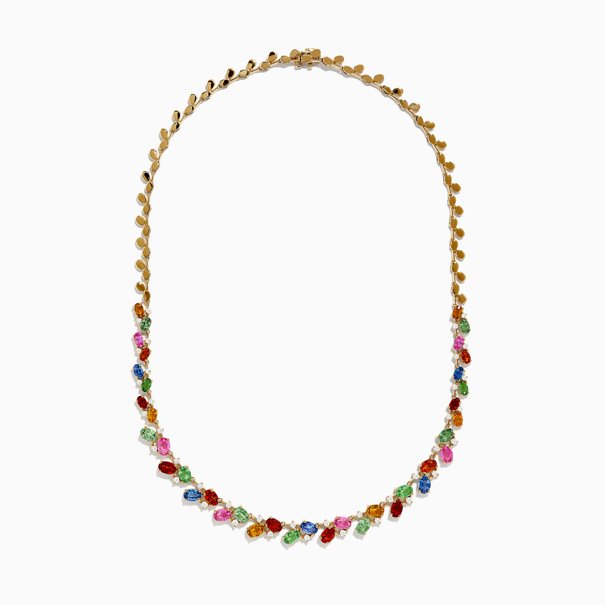 The Watercolors 14K Yellow Gold Multi Sapphire and Diamond Necklace features sapphires in pink, green, orange, blue, and red arranged in a delicate, symmetrical design along the chain.