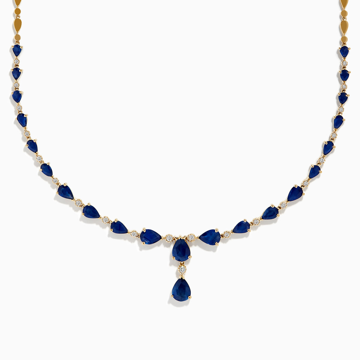 The Royale Bleu 14K Yellow Gold Blue Sapphire and Diamond Necklace features alternating teardrop-shaped blue sapphires and round diamonds, with three larger blue stones in a central drop design.