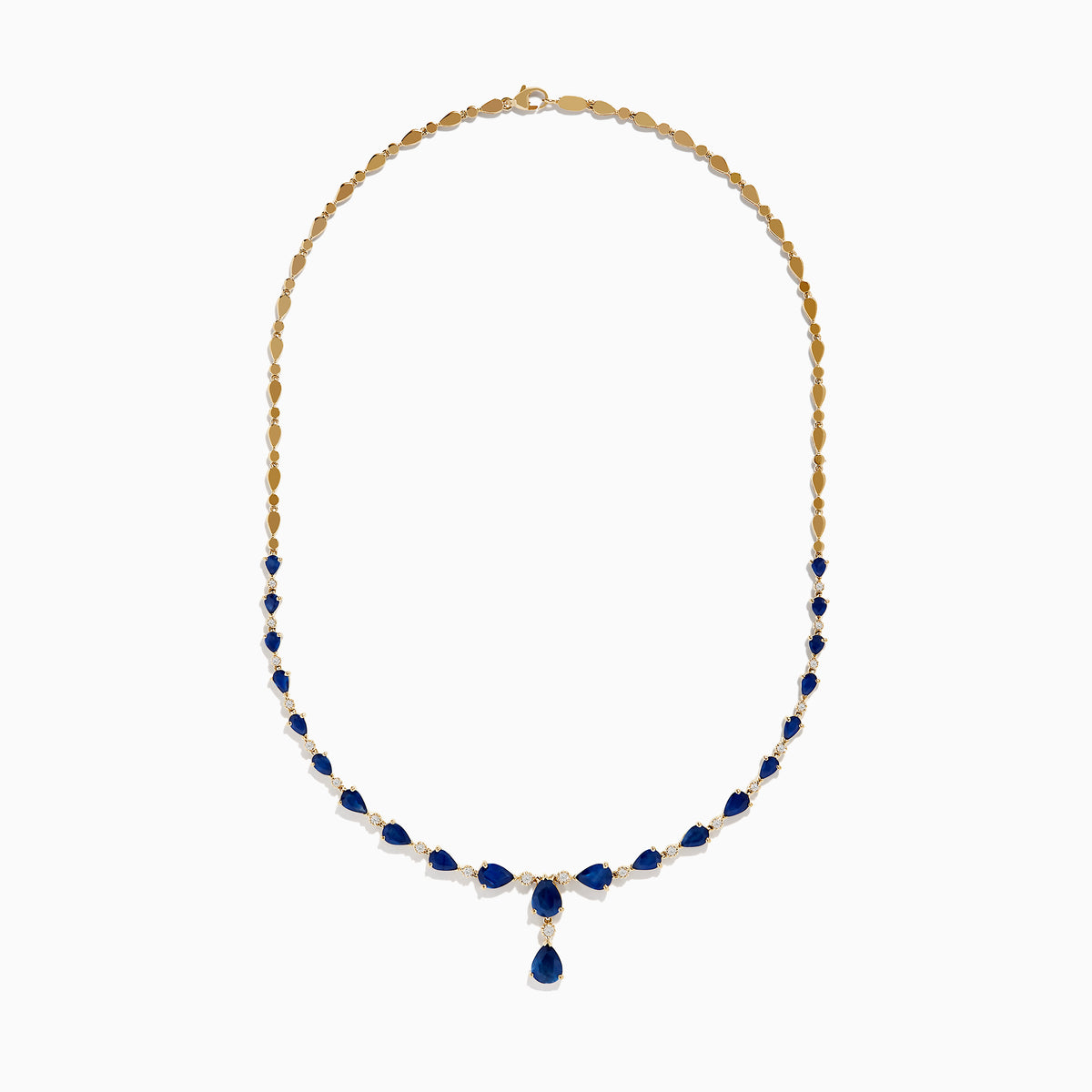The Royale Bleu 14K Yellow Gold Blue Sapphire and Diamond Necklace features alternating teardrop-shaped blue sapphires and round diamonds, with three larger blue stones in a central drop design.