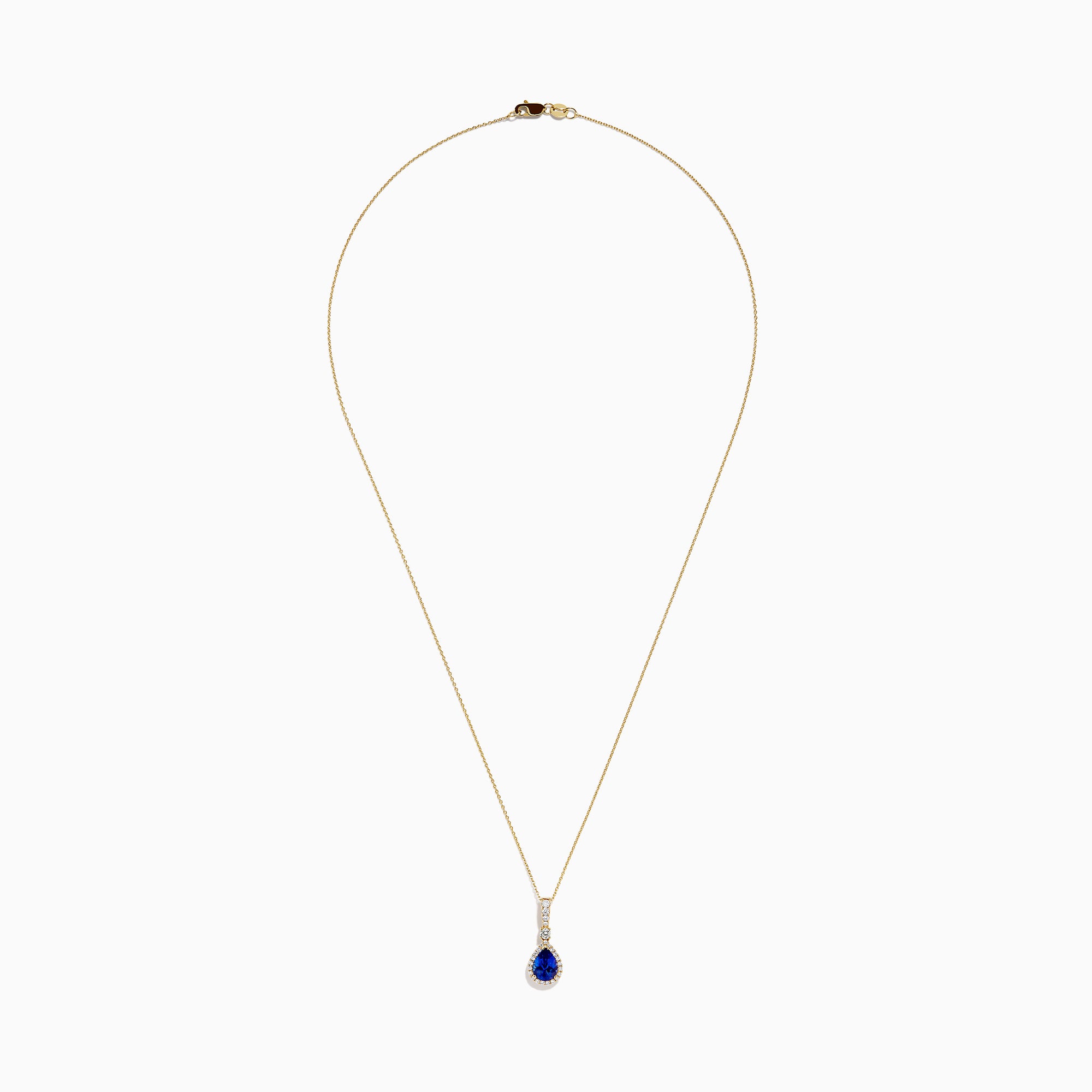 The Nahla 14K Yellow Gold Tanzanite Pendant features a teardrop blue tanzanite surrounded by diamonds and a diamond-accented bail, gleaming at the center of this elegant necklace.