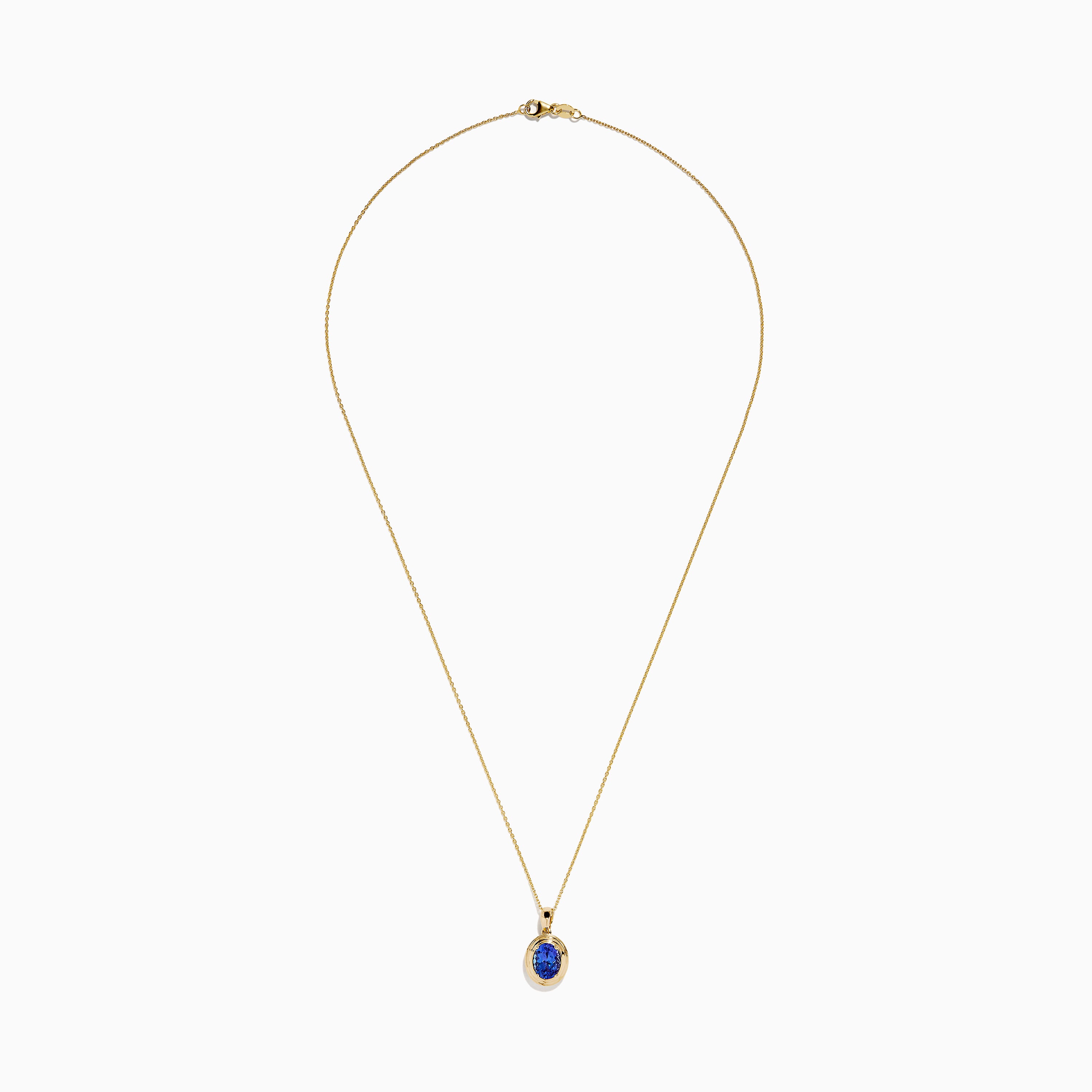 The 14K Yellow Gold Faux-Triple Bezel AAA Tanzanite Pendant features a fine chain and an oval deep blue stone, shown against a plain white background.