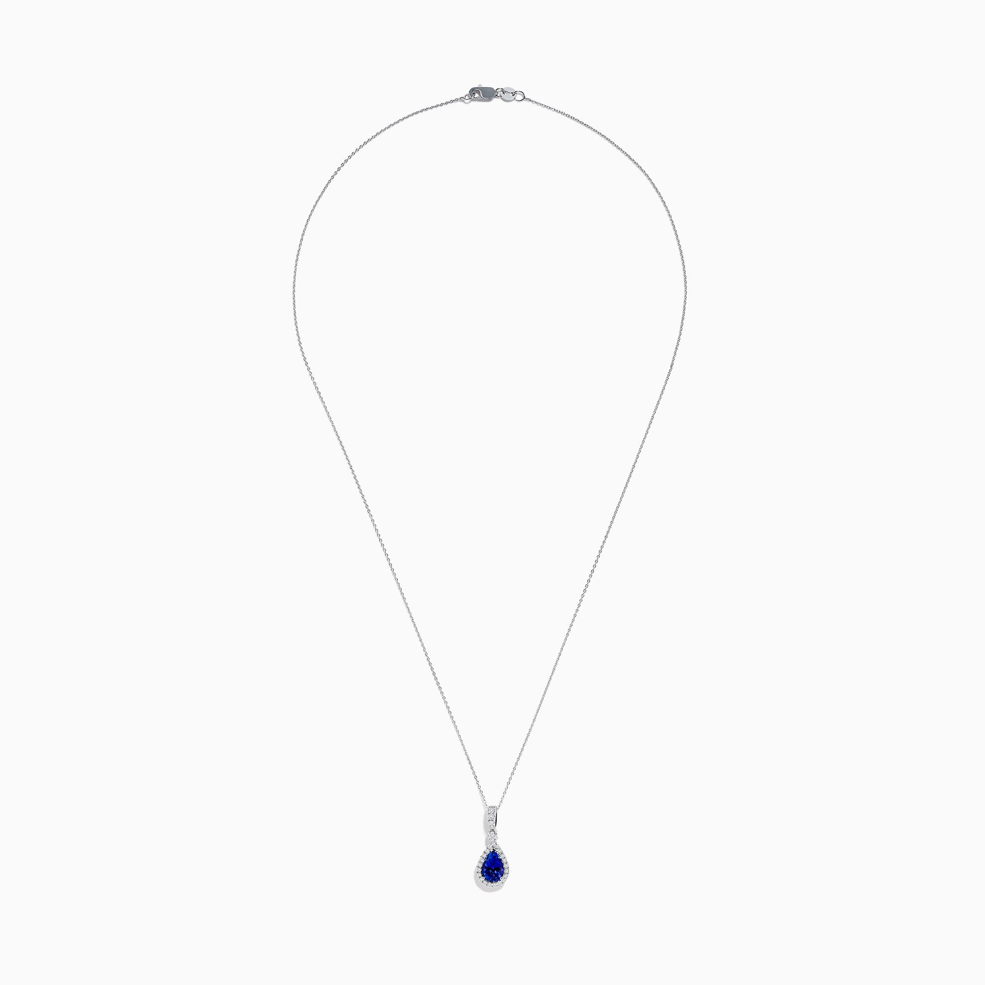 The Nahla 14K White Gold Tanzanite Pendant features a teardrop-shaped blue tanzanite accented by small white stones, set in 14K white gold and suspended from a delicate chain.
