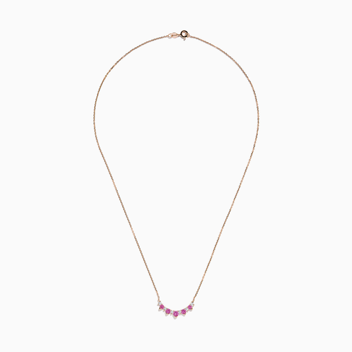 The 14K Rose Gold Pink Sapphire and Diamond Necklace features seven heart-shaped pink sapphires and six small round diamonds set in an alternating pattern along a delicate rose gold chain.