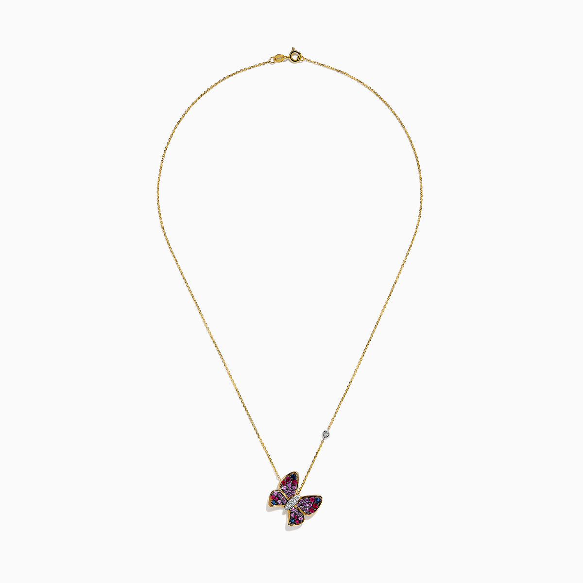 The 14 Karat Three Tone Gold Semi Precious and Diamond Butterfly Pendant Necklace showcases a butterfly pendant with pink, red, blue, and clear stones, plus a round gemstone accent on the chain. The butterfly is tilted for added elegance.