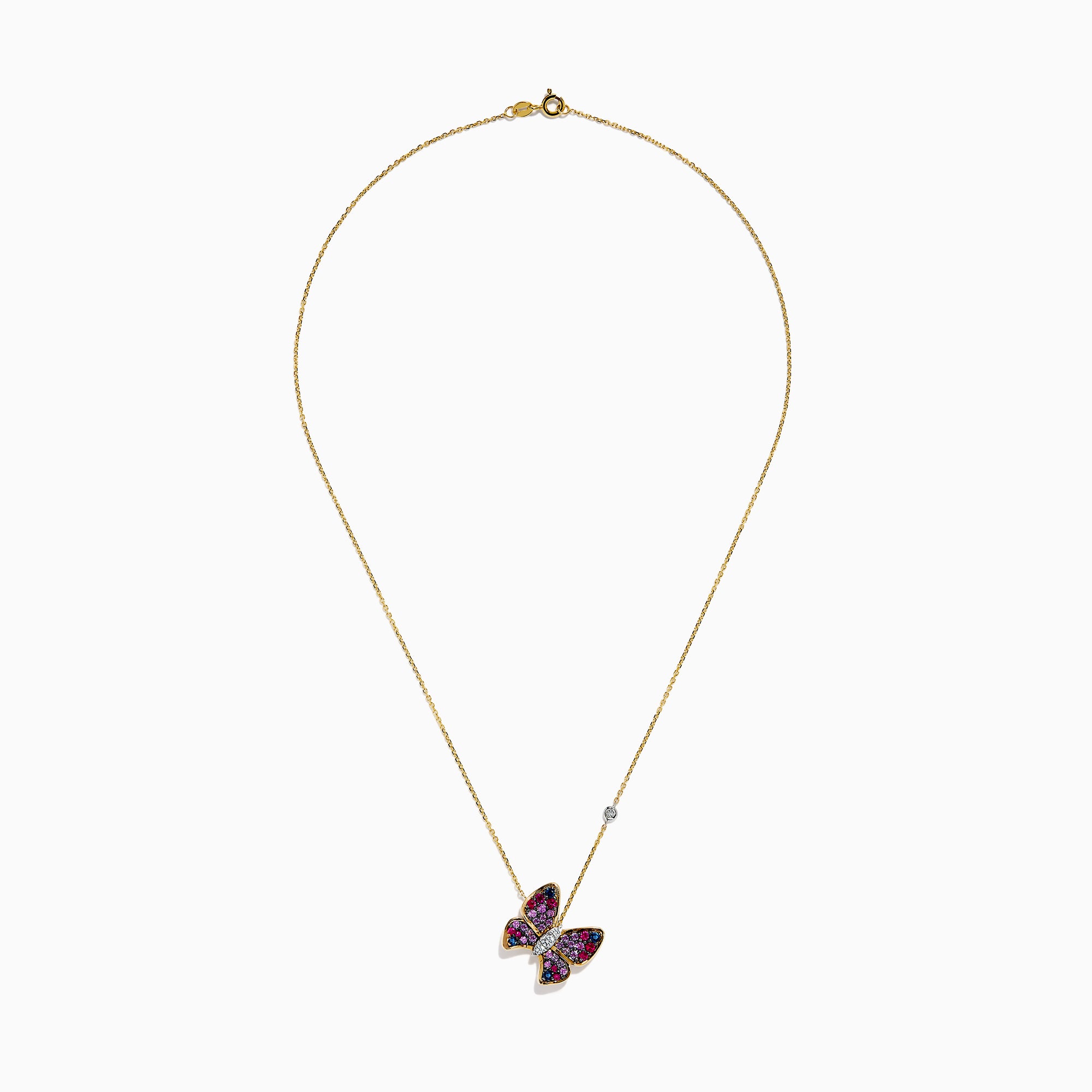 The 14 Karat Three Tone Gold Semi Precious and Diamond Butterfly Pendant Necklace showcases a butterfly pendant with pink, red, blue, and clear stones, plus a round gemstone accent on the chain. The butterfly is tilted for added elegance.