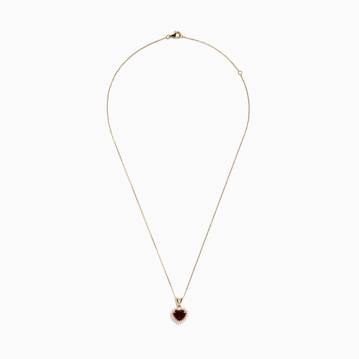 The 14 Karat Yellow Gold Rhodolite Garnet and Diamond Heart Pendant features a deep red garnet heart encircled by sparkling diamonds, elegantly suspended from a gold chain on a white background.
