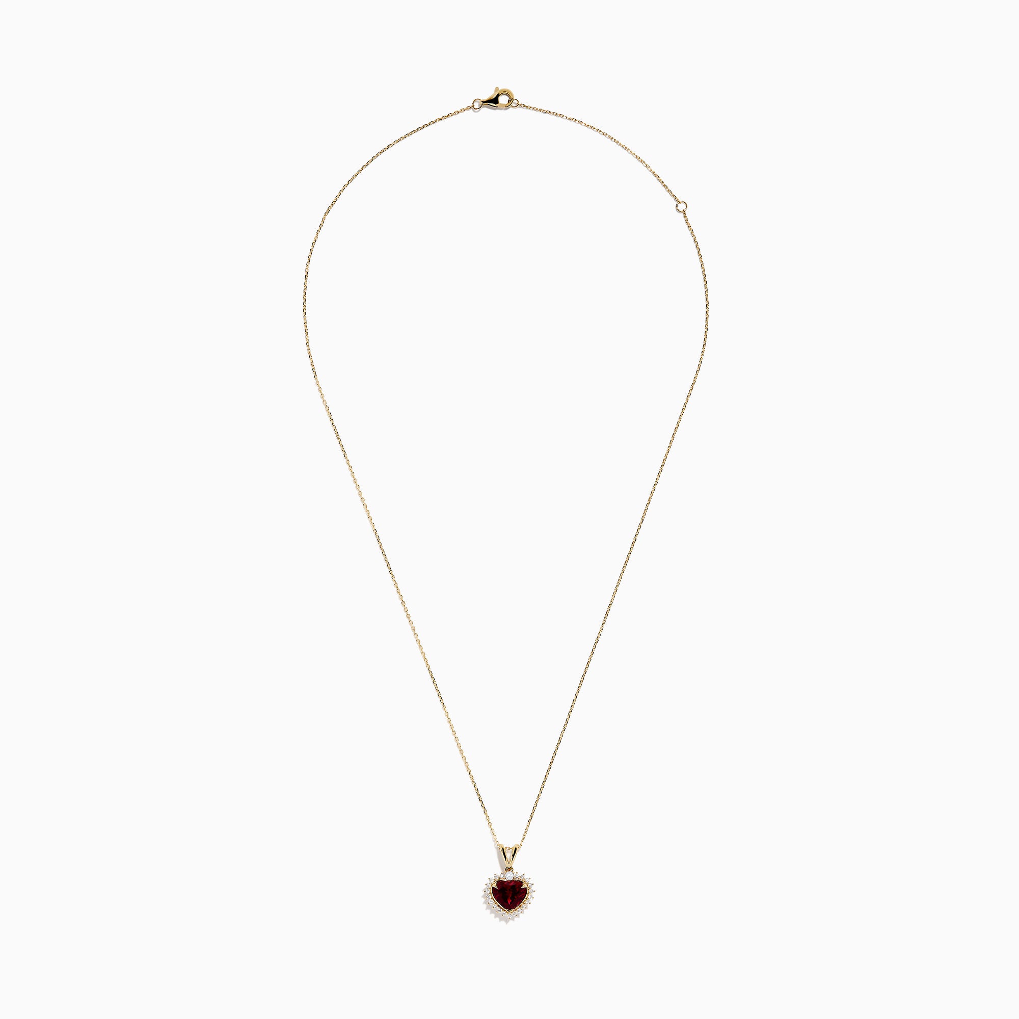 The 14 Karat Yellow Gold Rhodolite Garnet and Diamond Heart Pendant features a deep red garnet heart encircled by sparkling diamonds, elegantly suspended from a gold chain on a white background.