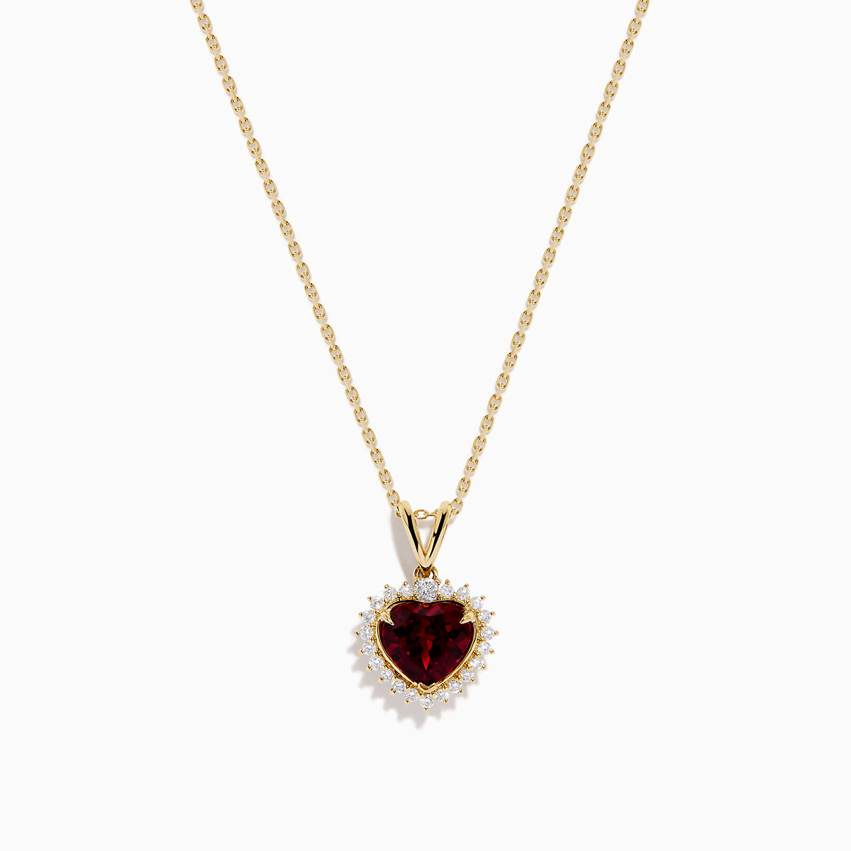 The 14 Karat Yellow Gold Rhodolite Garnet and Diamond Heart Pendant features a deep red garnet heart encircled by sparkling diamonds, elegantly suspended from a gold chain on a white background.