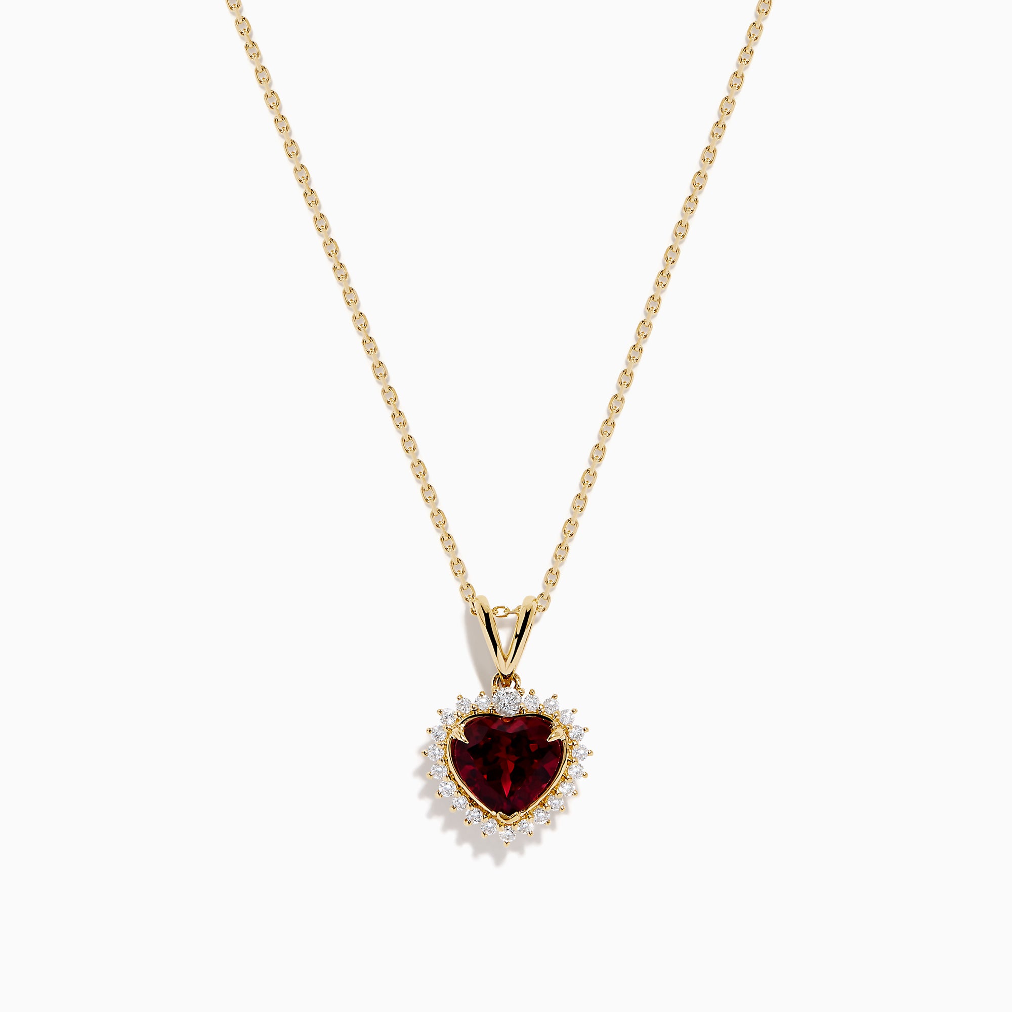The 14 Karat Yellow Gold Rhodolite Garnet and Diamond Heart Pendant features a deep red garnet heart encircled by sparkling diamonds, elegantly suspended from a gold chain on a white background.