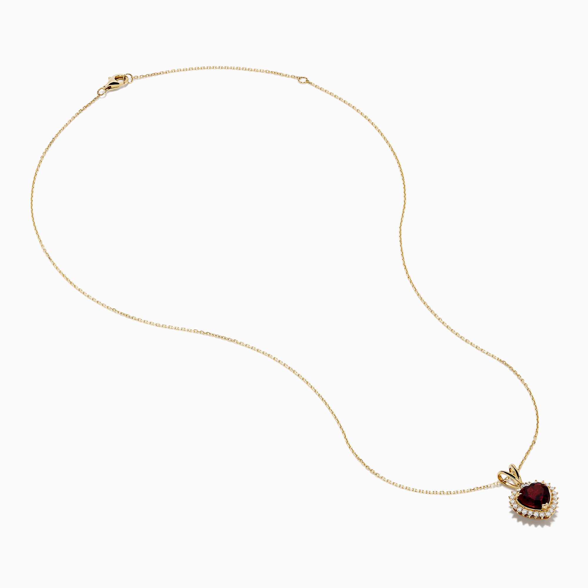 The 14 Karat Yellow Gold Rhodolite Garnet and Diamond Heart Pendant features a deep red garnet heart encircled by sparkling diamonds, elegantly suspended from a gold chain on a white background.