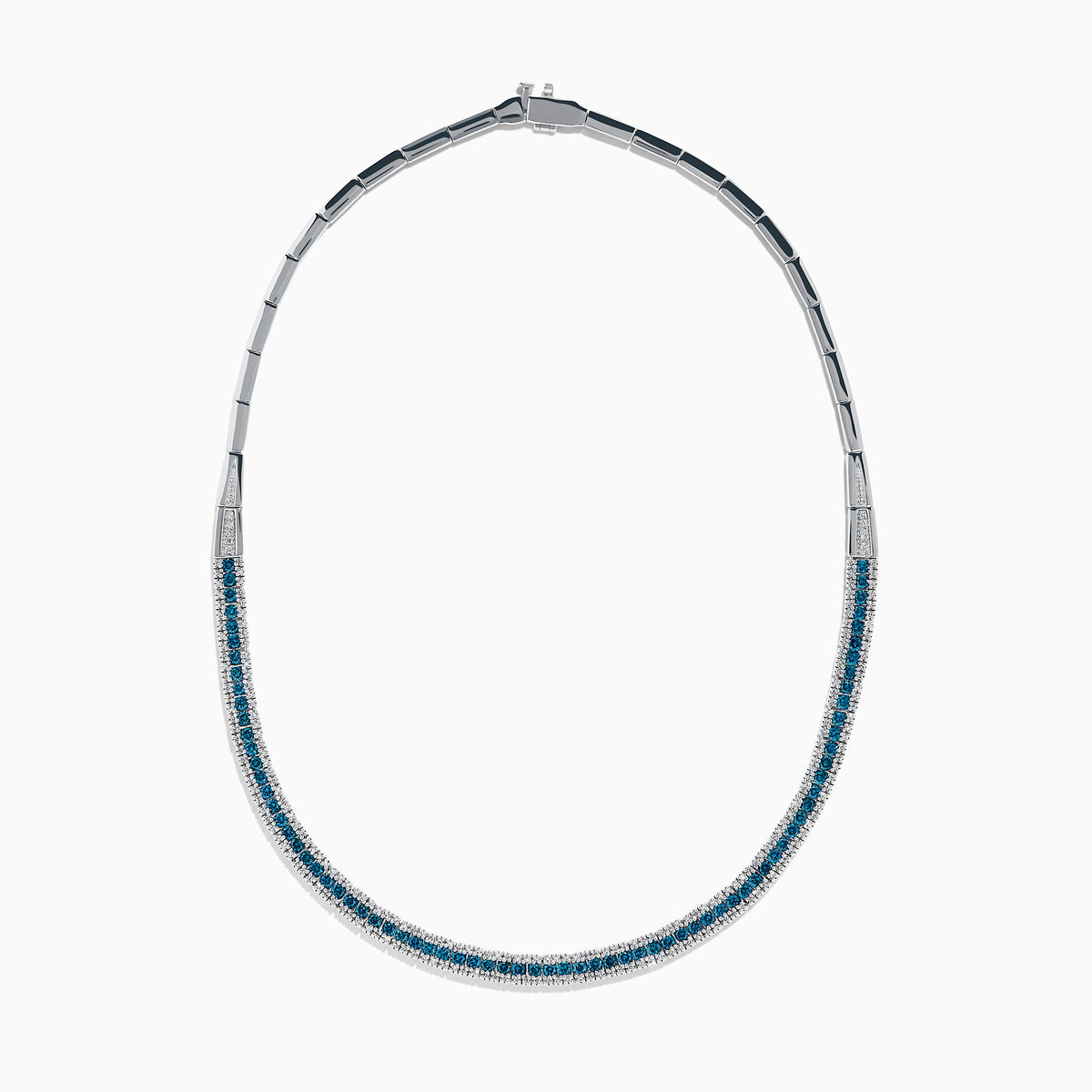 14K White Gold Blue and White Diamond Three-Row Pavé Necklace