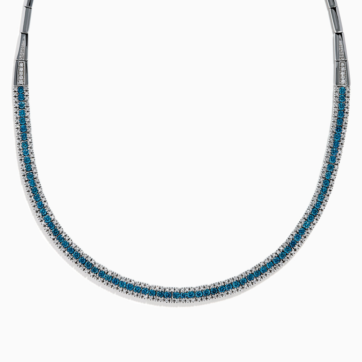 14K White Gold Blue and White Diamond Three-Row Pavé Necklace