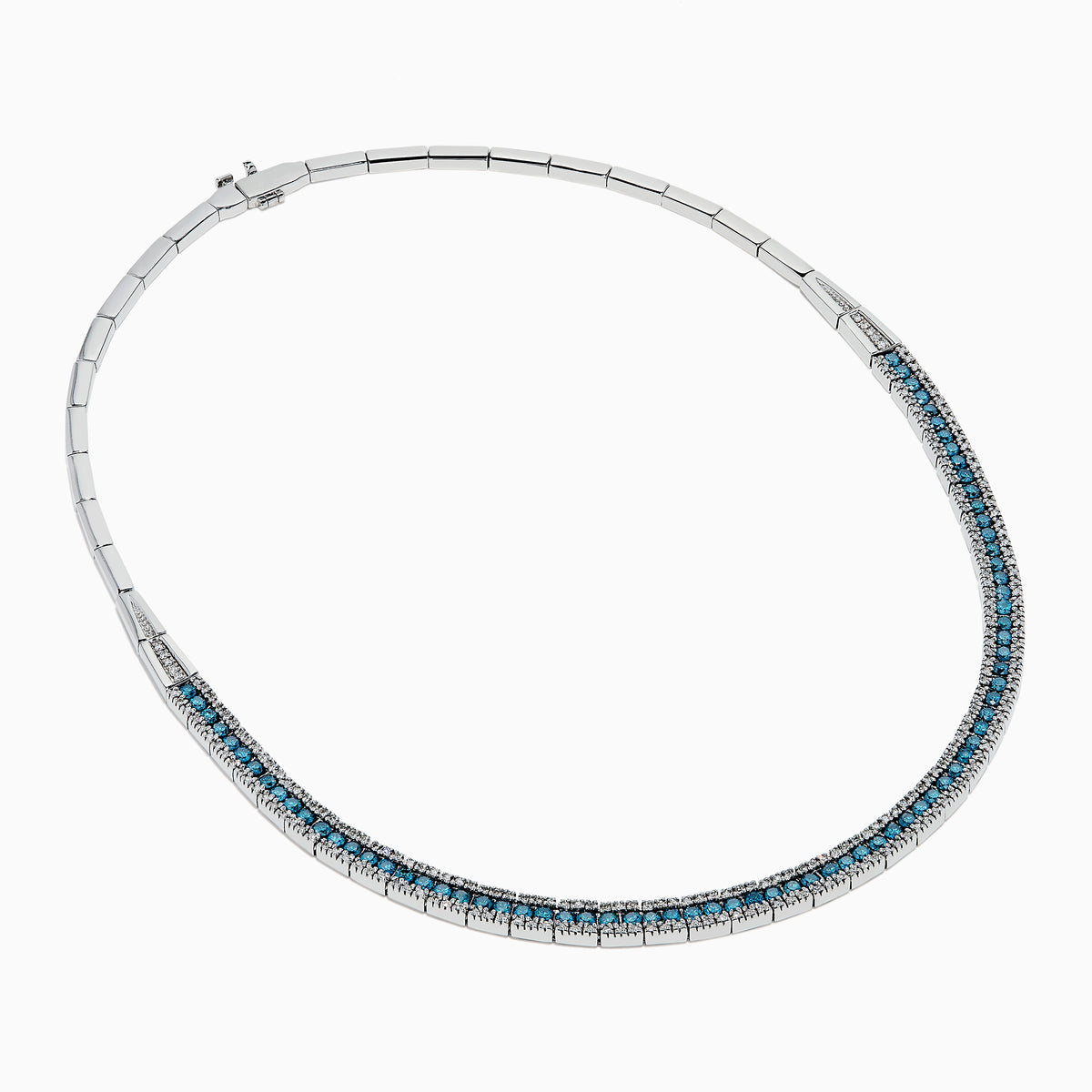 14K White Gold Blue and White Diamond Three-Row Pavé Necklace
