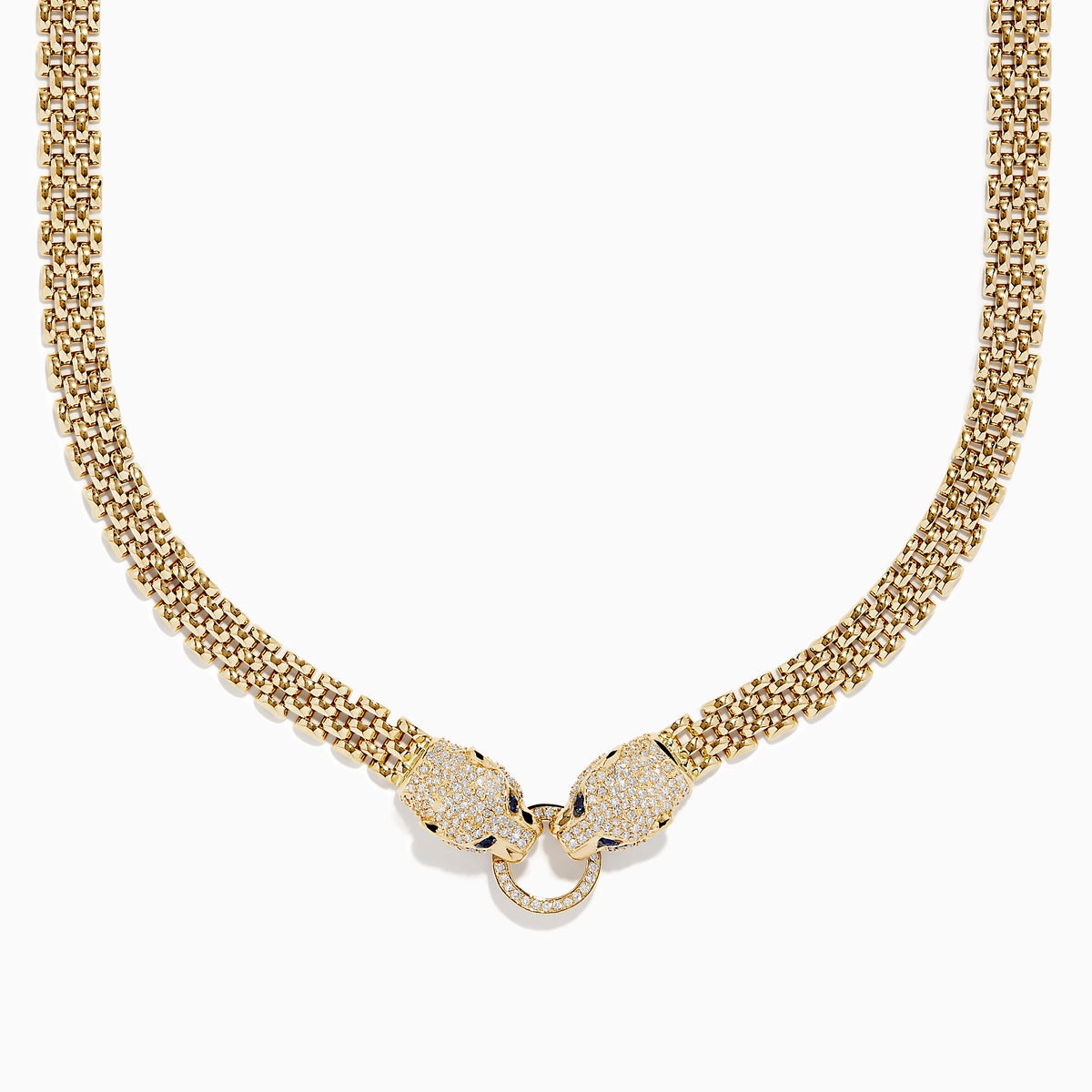 The Signature 14K Yellow Gold Sapphire and Diamond Panther Necklace features two diamond-encrusted panther heads with sapphire blue eyes, each holding a diamond-studded ring in their mouths.