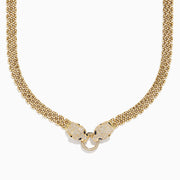 The Signature 14K Yellow Gold Sapphire and Diamond Panther Necklace features two diamond-encrusted panther heads with sapphire blue eyes, each holding a diamond-studded ring in their mouths.