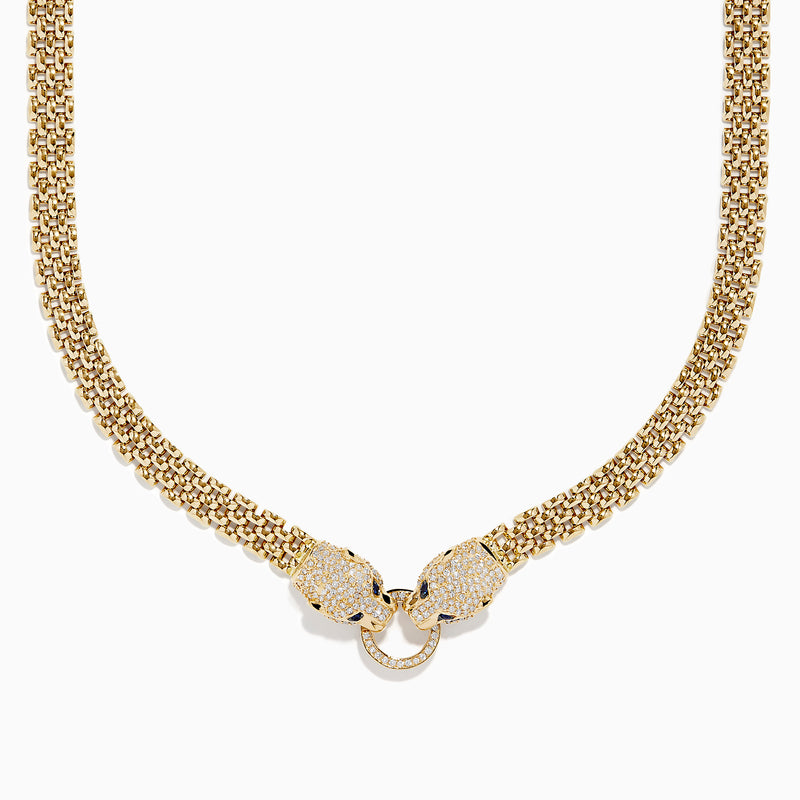 The Signature 14K Yellow Gold Sapphire and Diamond Panther Necklace features two diamond-encrusted panther heads with sapphire blue eyes, each holding a diamond-studded ring in their mouths.