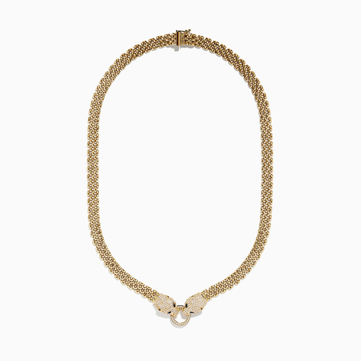 The Signature 14K Yellow Gold Sapphire and Diamond Panther Necklace features two detailed panther head clasps with sapphire and diamond accents, facing each other and holding a circular ring, set against a plain white background.