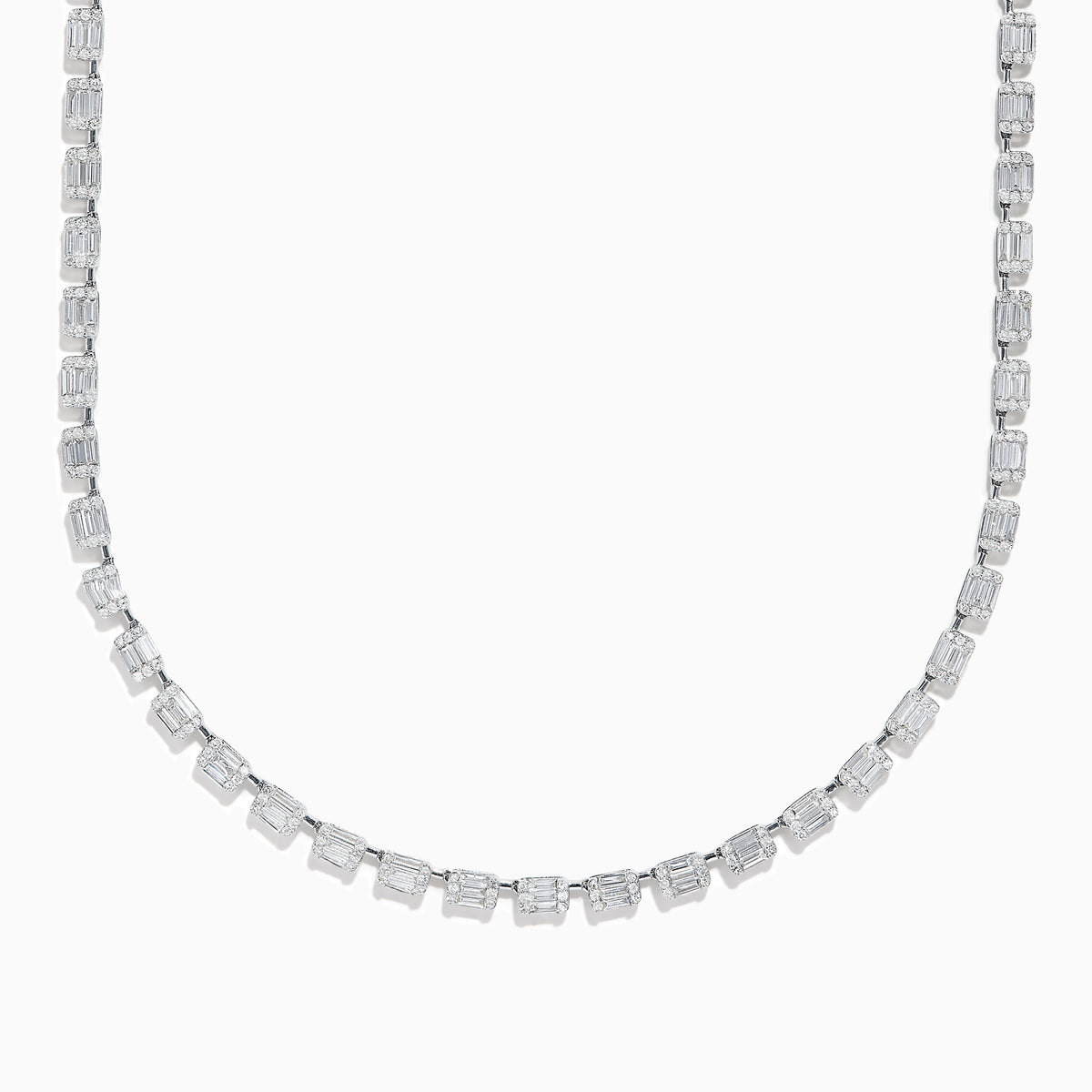 A close-up of the Classique 14K White Gold Diamond Tennis Necklace 7.92 TCW, showing rectangular diamond links evenly spaced along the chain, set in white gold, against a white background.