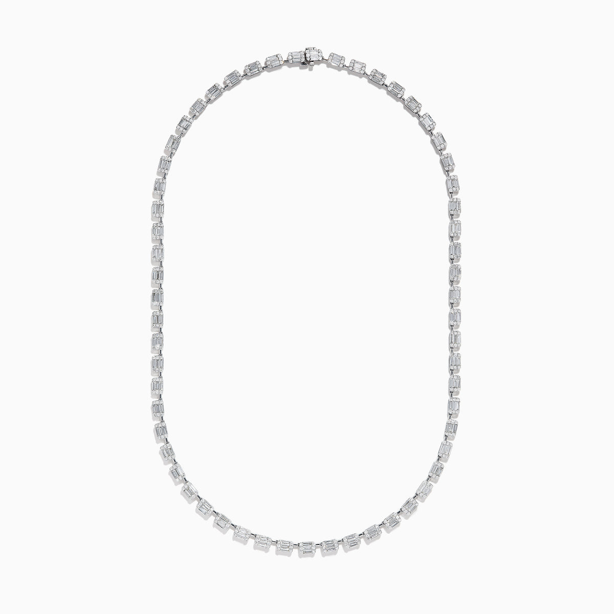 A close-up of the Classique 14K White Gold Diamond Tennis Necklace 7.92 TCW, showing rectangular diamond links evenly spaced along the chain, set in white gold, against a white background.