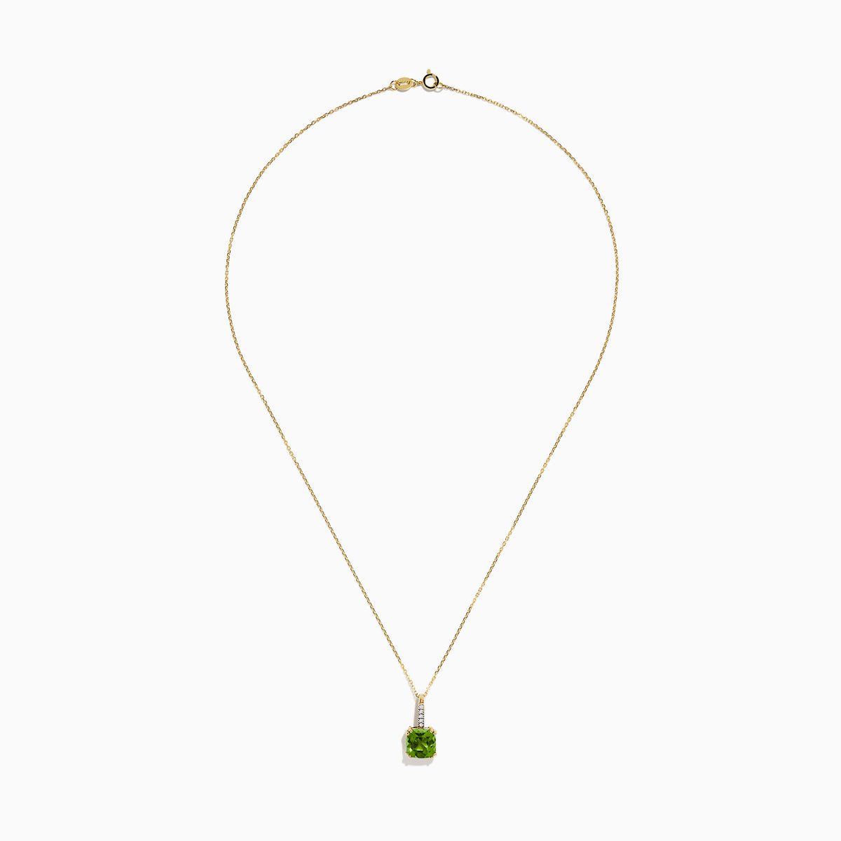The 14K Yellow Gold Periodt and Diamond Pendant features a square-cut green gemstone and a vertical row of small white diamonds above it, creating an elegant and stylish necklace.