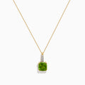 The 14K Yellow Gold Periodt and Diamond Pendant features a square-cut green gemstone and a vertical row of small white diamonds above it, creating an elegant and stylish necklace.