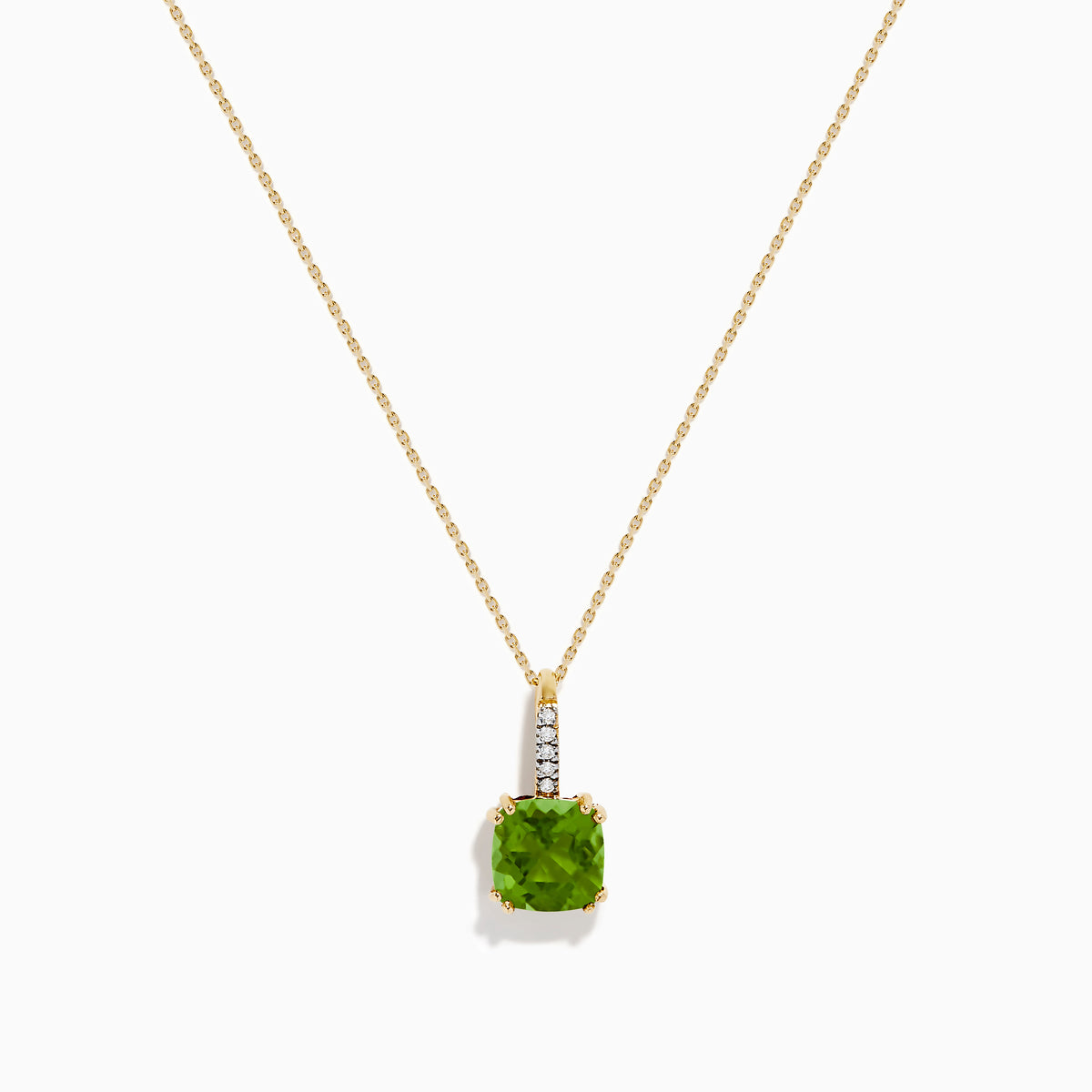 The 14K Yellow Gold Periodt and Diamond Pendant features a square-cut green gemstone and a vertical row of small white diamonds above it, creating an elegant and stylish necklace.