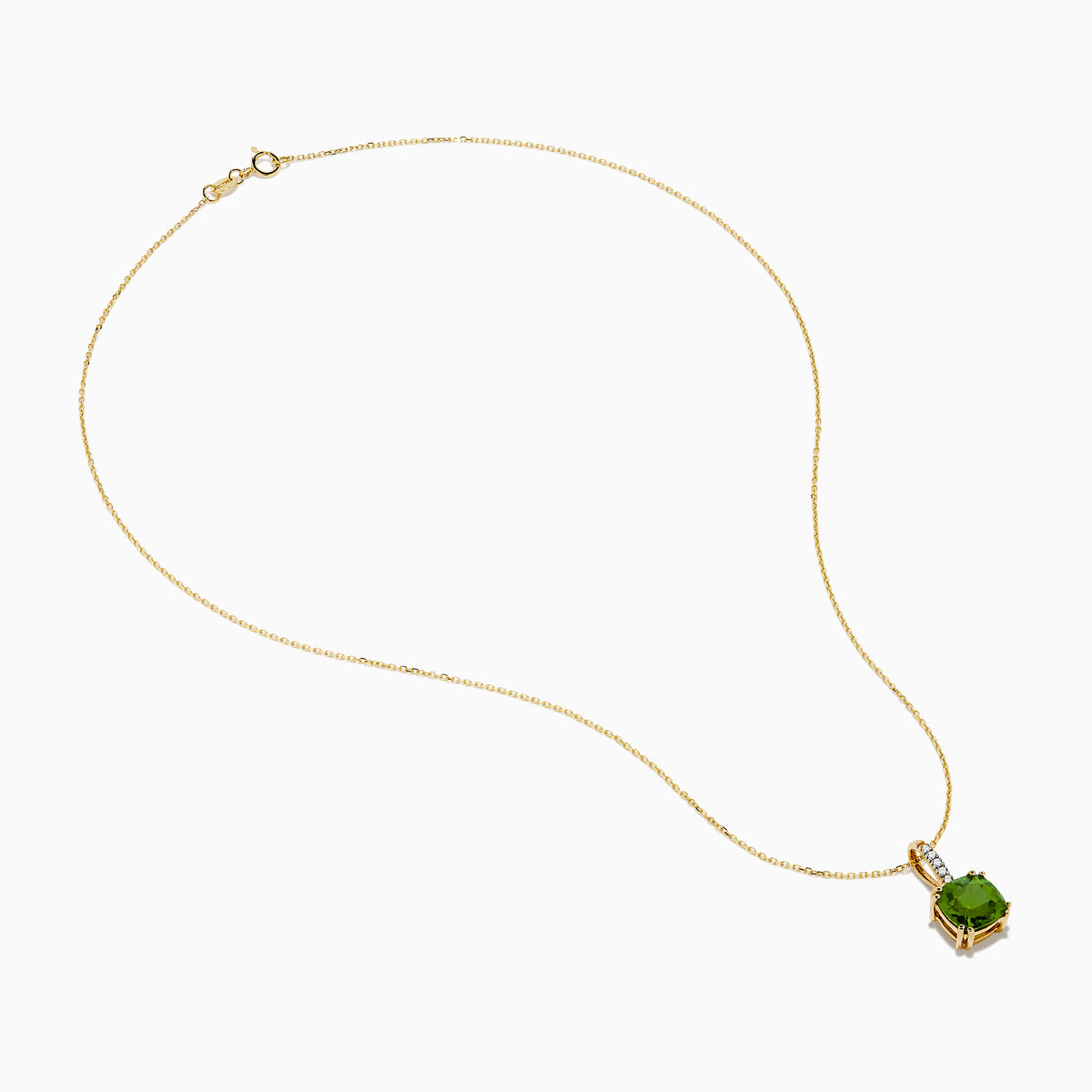The 14K Yellow Gold Periodt and Diamond Pendant features a square-cut green gemstone and a vertical row of small white diamonds above it, creating an elegant and stylish necklace.