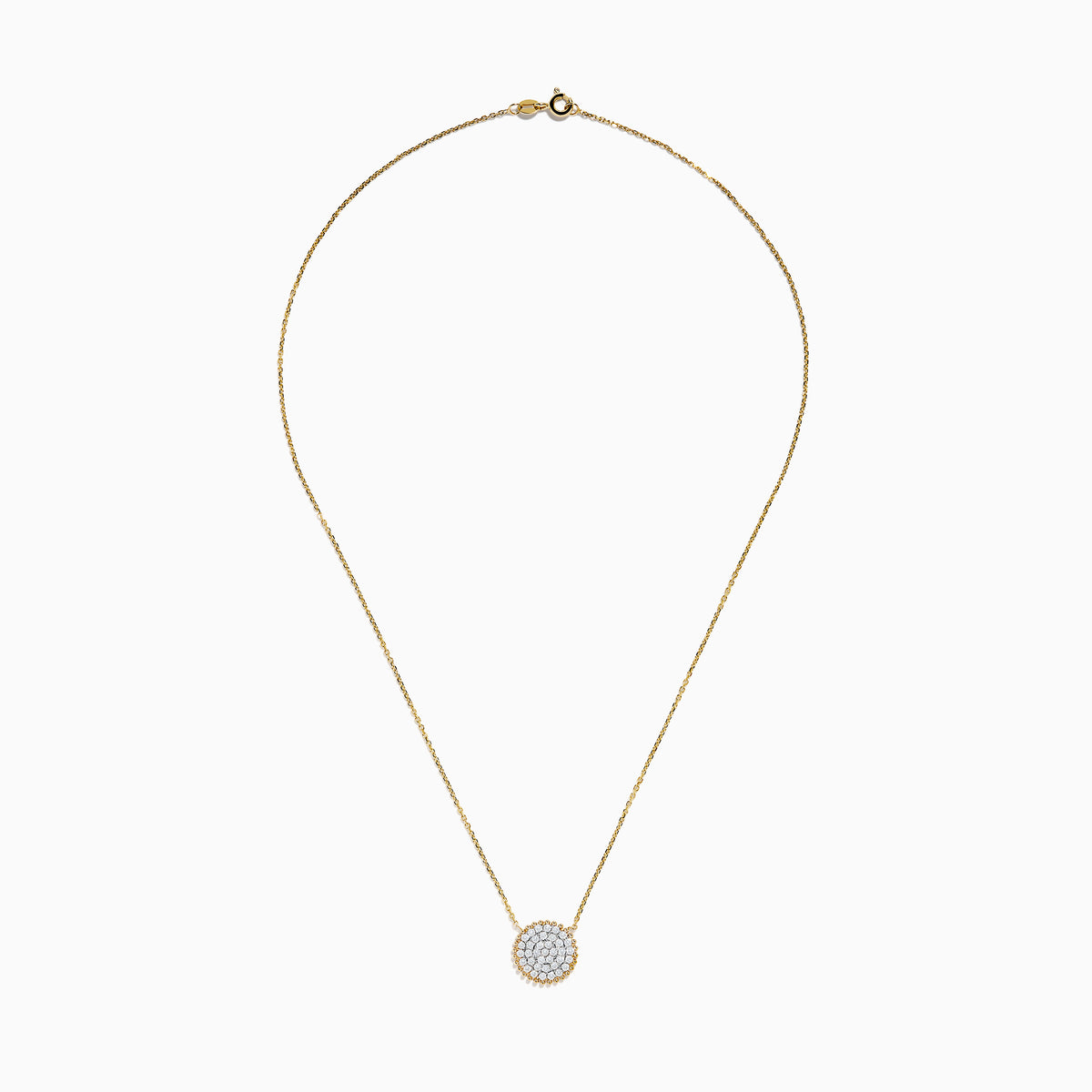 Elegant and minimalistic, the DOro 14K Yellow Gold Diamond Cluster Disc Necklace features a thin chain and a round pendant with sparkling diamonds, bordered by a delicate gold beaded edge.