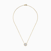 Elegant and minimalistic, the DOro 14K Yellow Gold Diamond Cluster Disc Necklace features a thin chain and a round pendant with sparkling diamonds, bordered by a delicate gold beaded edge.