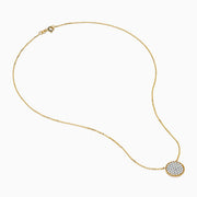 Elegant and minimalistic, the DOro 14K Yellow Gold Diamond Cluster Disc Necklace features a thin chain and a round pendant with sparkling diamonds, bordered by a delicate gold beaded edge.