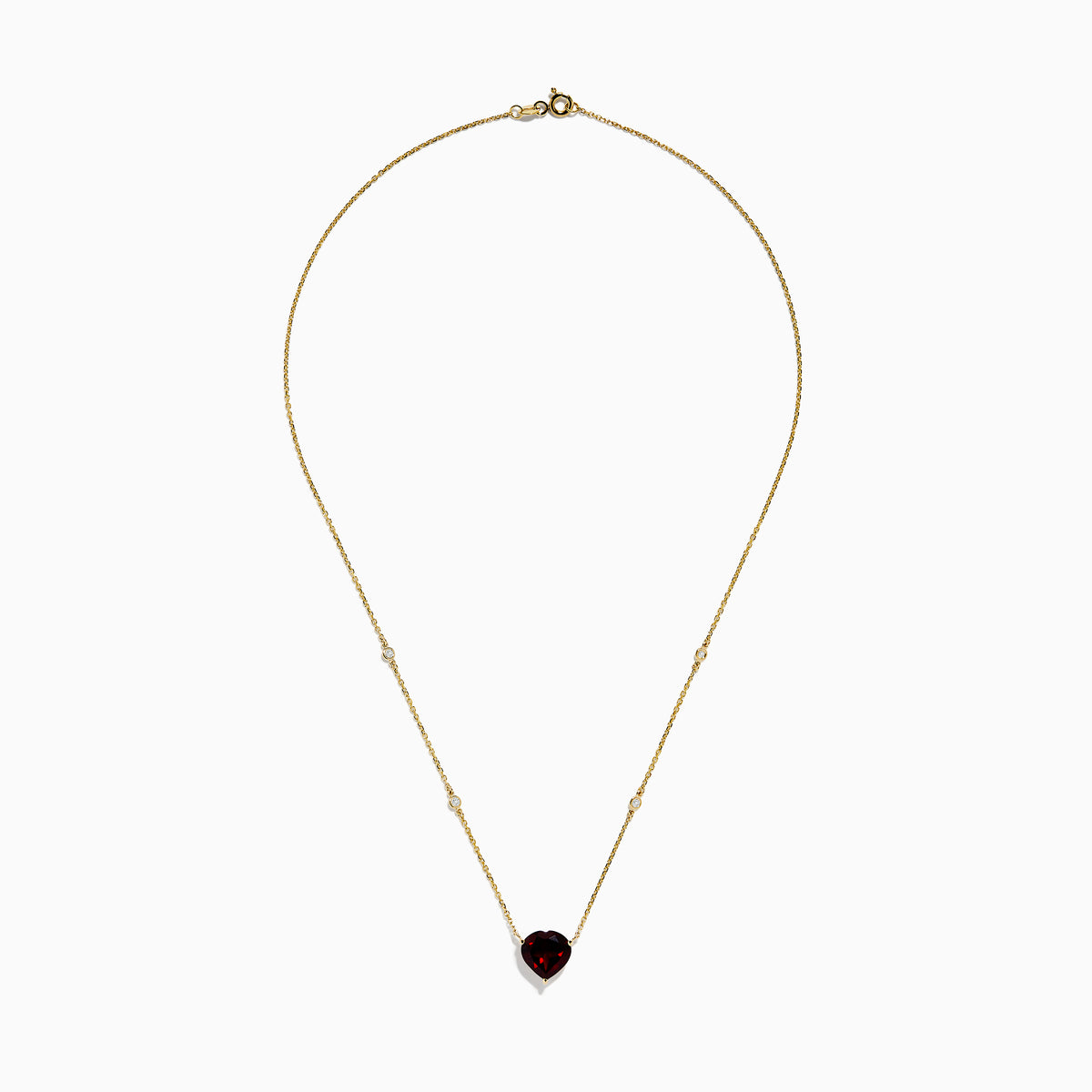 The Bordeaux 14K Yellow Gold Garnet and Diamond Heart Necklace features a heart-shaped red garnet pendant accented by two round diamonds on a delicate gold chain.