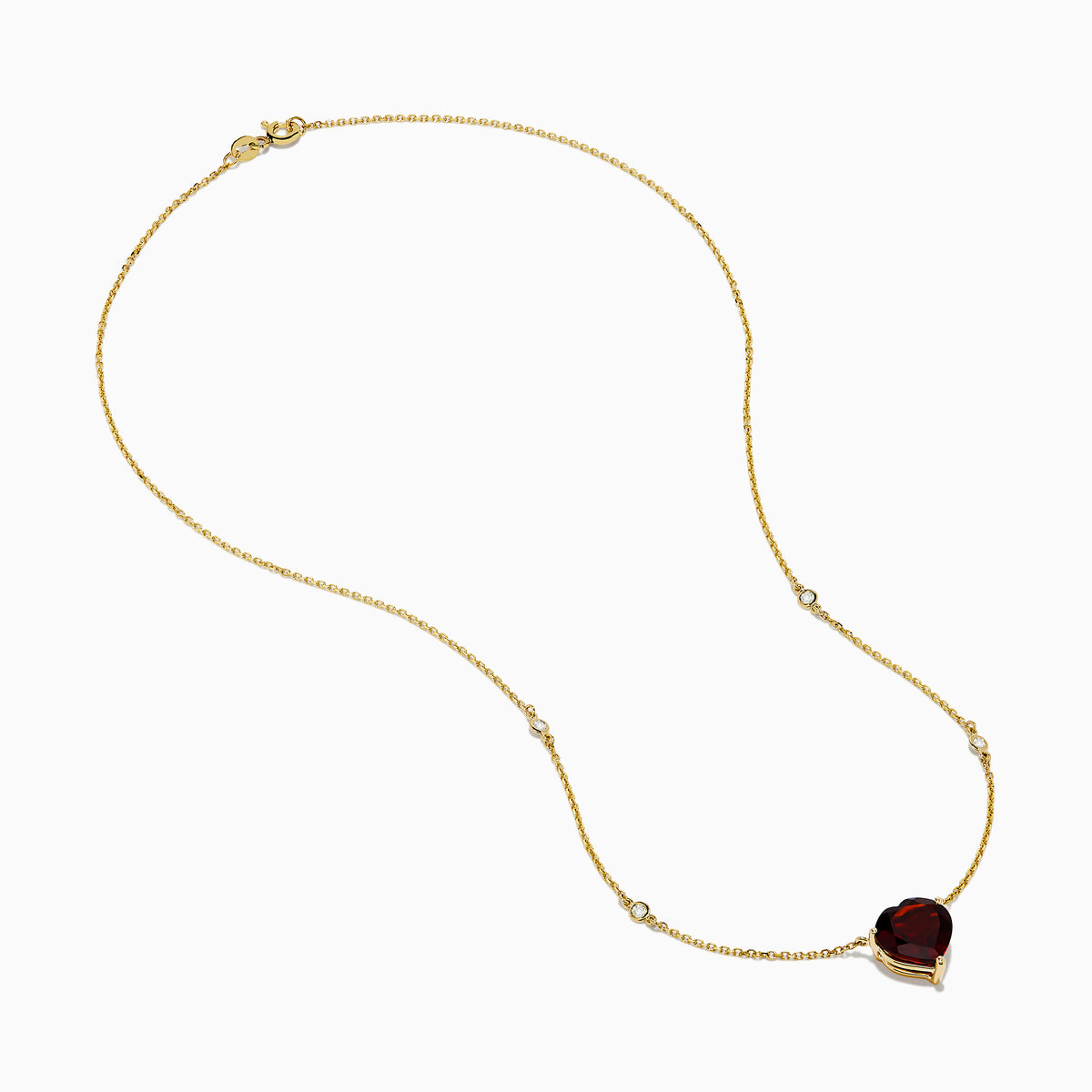 The Bordeaux 14K Yellow Gold Garnet and Diamond Heart Necklace features a heart-shaped red garnet pendant accented by two round diamonds on a delicate gold chain.
