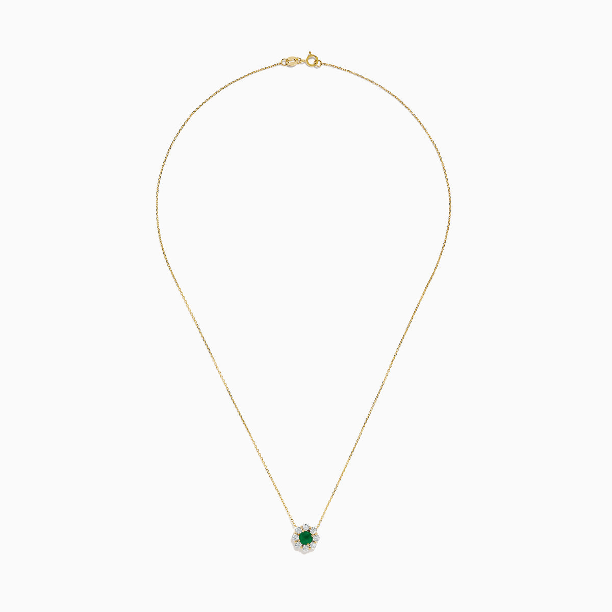 The Brasilica 14K Yellow Gold Emerald and Diamond Necklace features a round green emerald pendant with sparkling diamonds in a flower shape, set in white metal on a delicate gold chain.