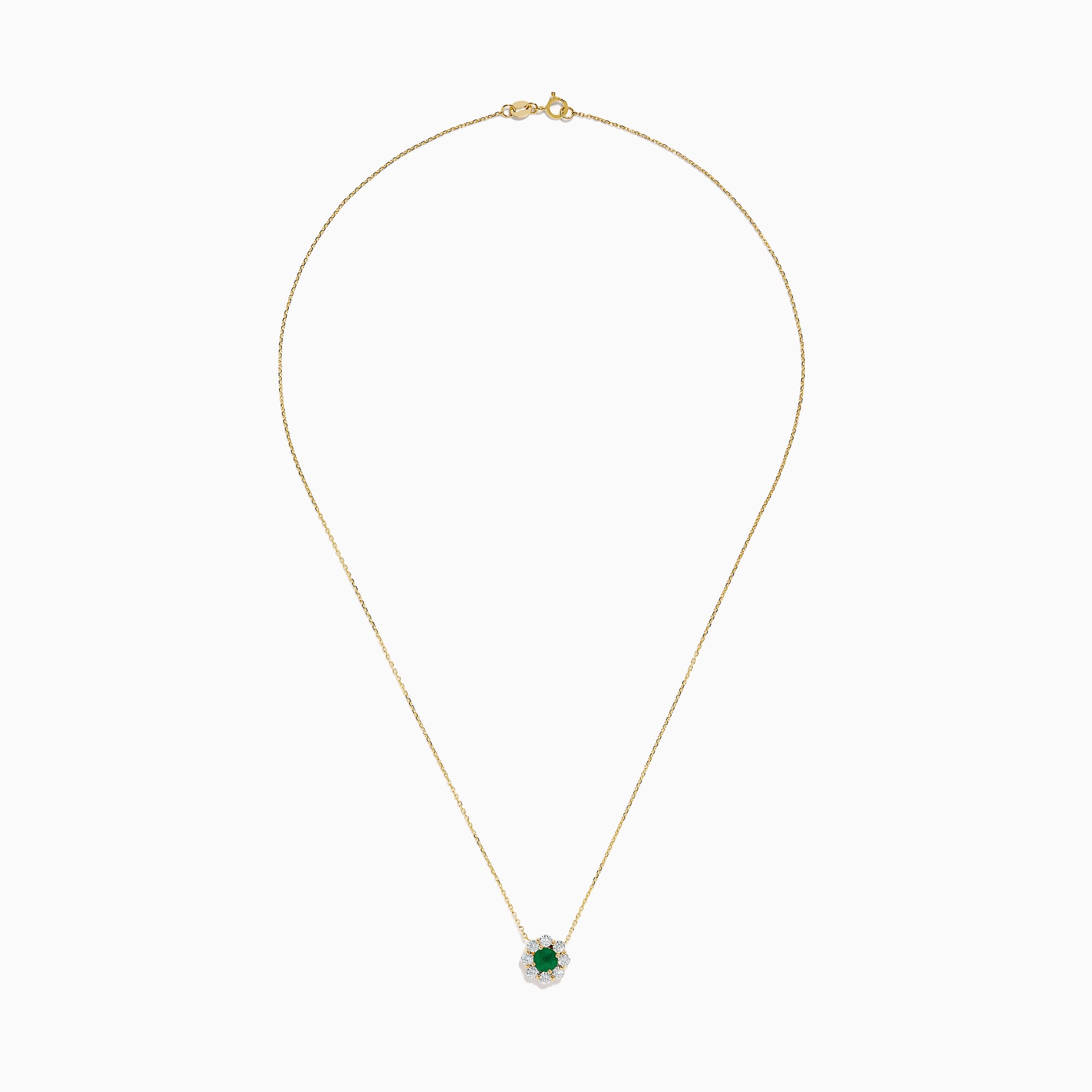 The Brasilica 14K Yellow Gold Emerald and Diamond Necklace features a round green emerald pendant with sparkling diamonds in a flower shape, set in white metal on a delicate gold chain.