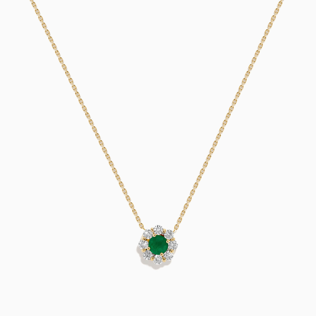 The Brasilica 14K Yellow Gold Emerald and Diamond Necklace features a round green emerald pendant with sparkling diamonds in a flower shape, set in white metal on a delicate gold chain.