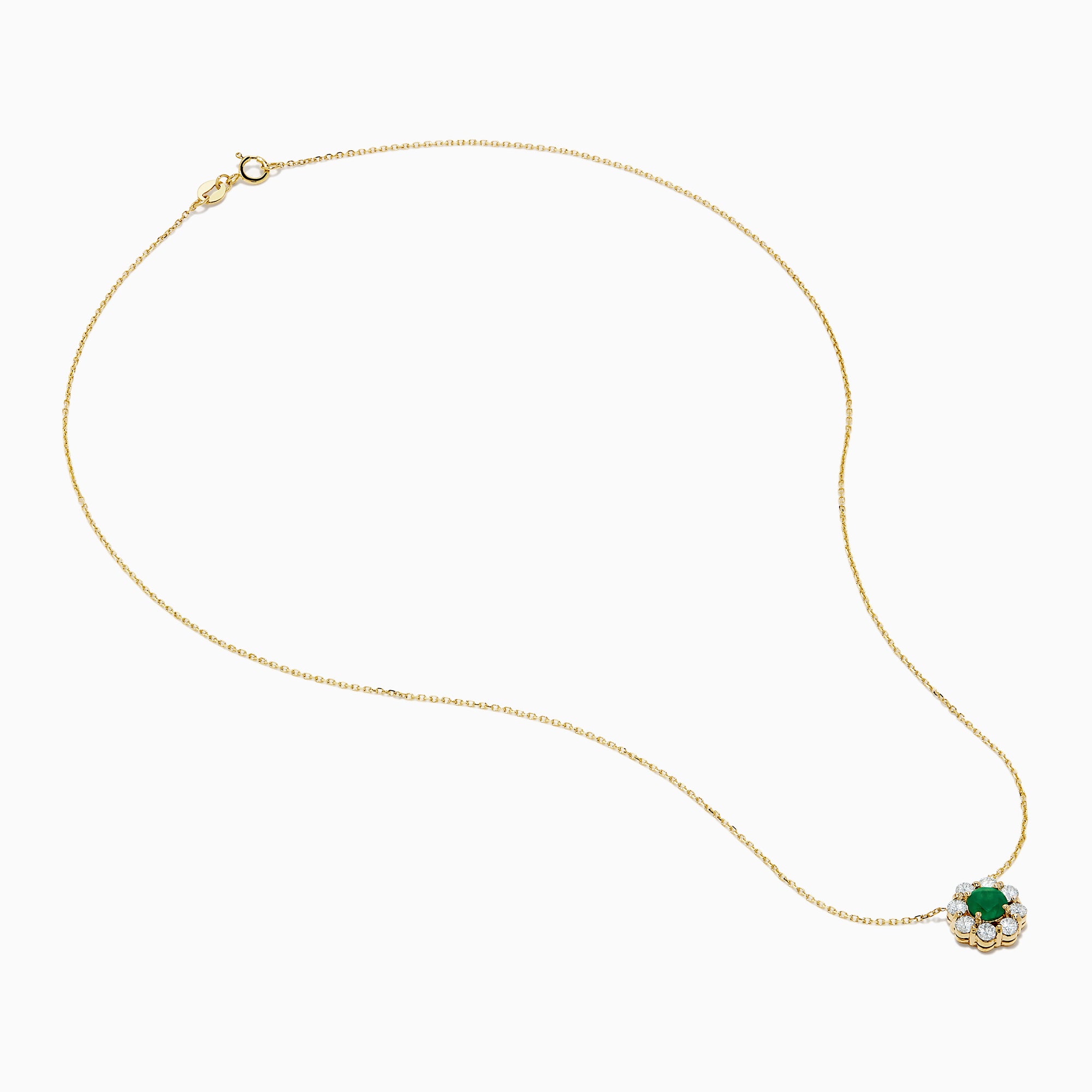 The Brasilica 14K Yellow Gold Emerald and Diamond Necklace features a round green emerald pendant with sparkling diamonds in a flower shape, set in white metal on a delicate gold chain.