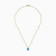 The Ocean Bleu 14K Yellow Gold Blue Topaz and Diamond Necklace features a teardrop blue topaz pendant with two round diamonds set on a delicate chain, shown on a white background.