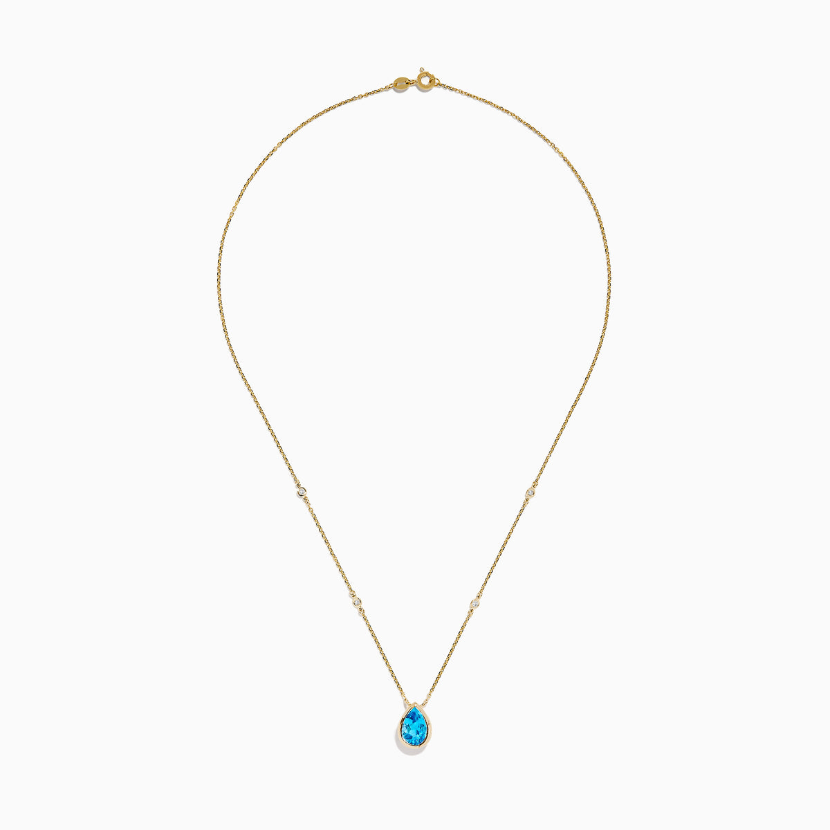 The Ocean Bleu 14K Yellow Gold Blue Topaz and Diamond Necklace features a teardrop blue topaz pendant with two round diamonds set on a delicate chain, shown on a white background.