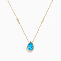 The Ocean Bleu 14K Yellow Gold Blue Topaz and Diamond Necklace features a teardrop blue topaz pendant with two round diamonds set on a delicate chain, shown on a white background.