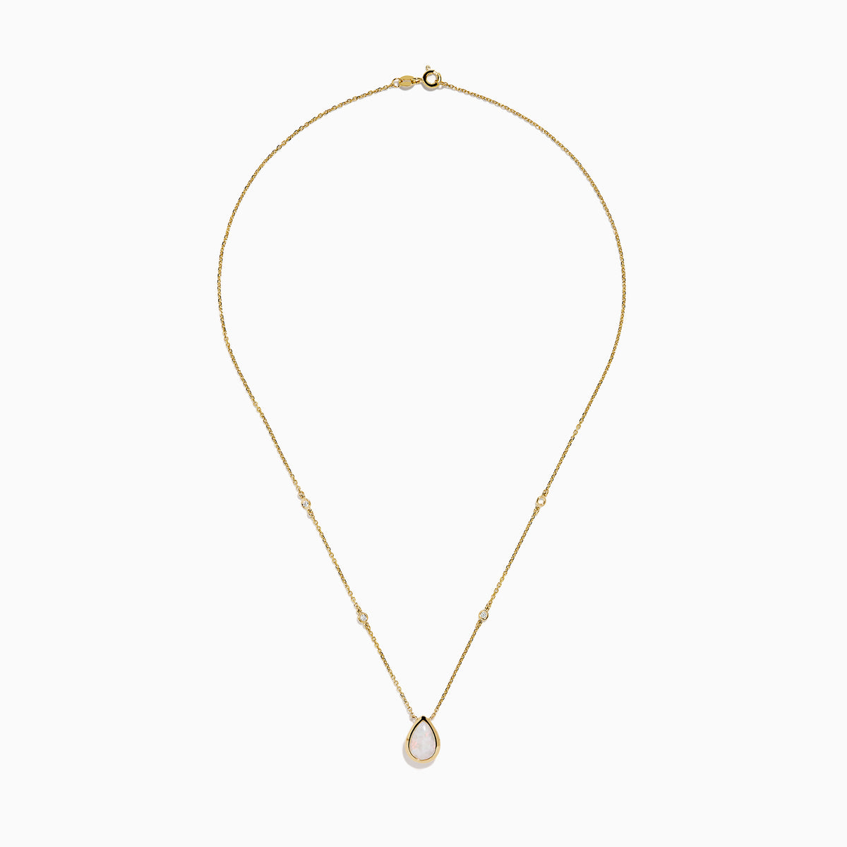 The Aurora 14K Yellow Gold Opal and Diamond Necklace showcases a teardrop opal pendant accented by two round diamonds, offering an elegant look with subtle diamond details.
